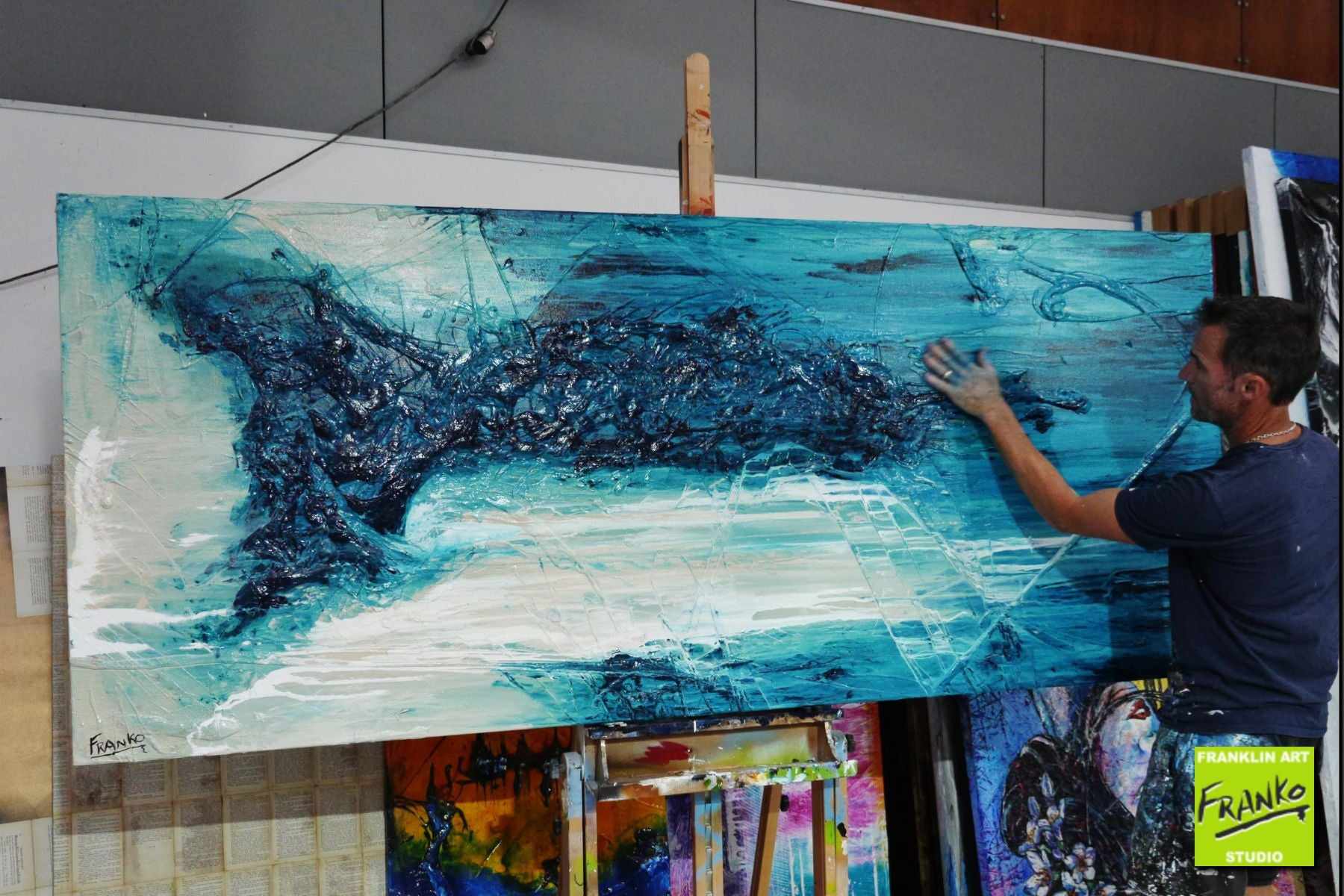 Southern Ocean Melt 240cm x 100cm White Turquoise Textured Abstract Painting (SOLD)-Abstract-[Franko_Artist]-[The_Block]-[Dream_Homes]-[ideas]- [Grand_Designs]-Franklin Art Studio