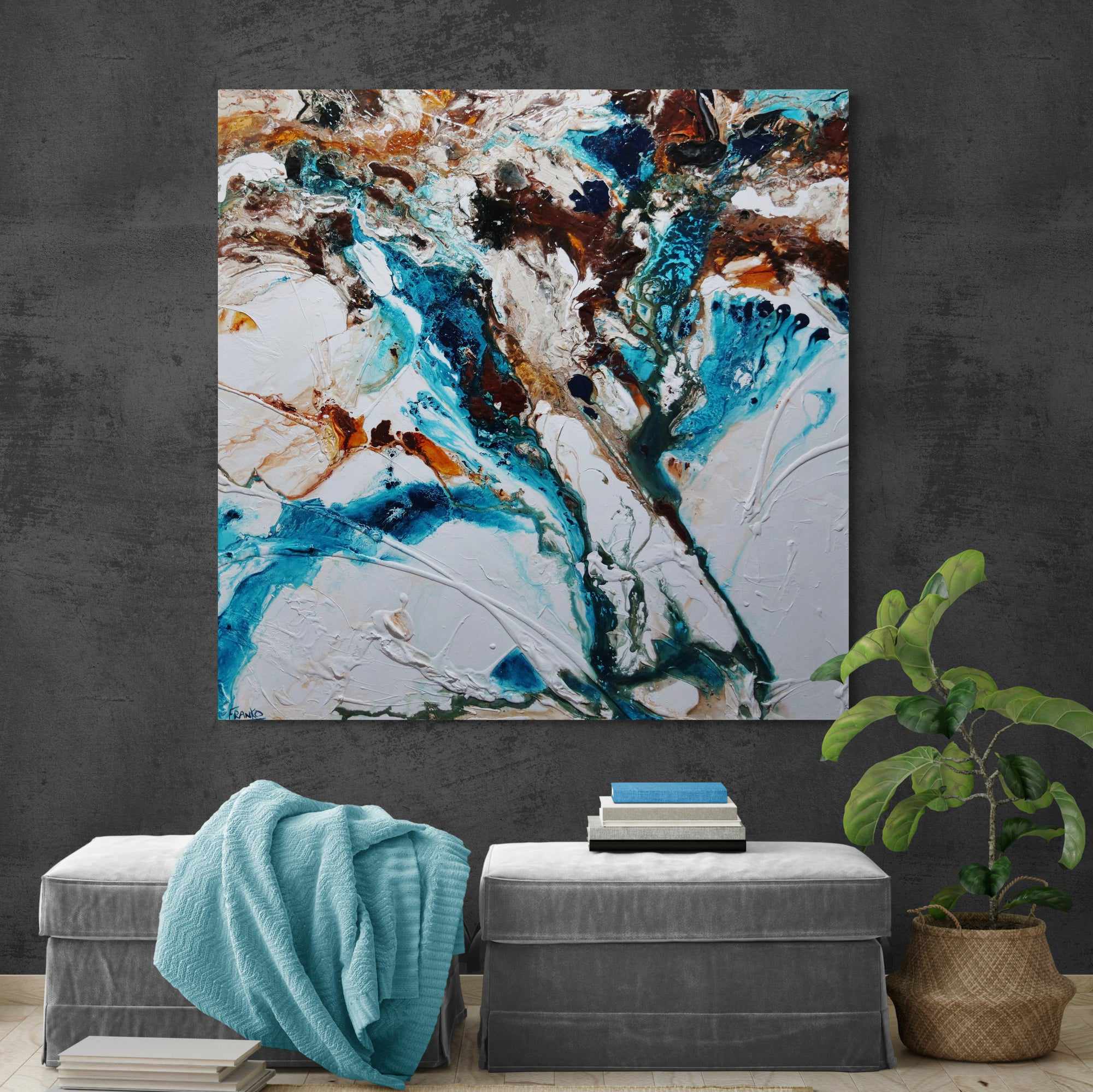 Southern Rapture 150cm x 150cm Teal White Textured Abstract Painting (SOLD)-Abstract-[Franko_Artist]-[The_Block]-[Dream_Homes]-[ideas]- [Grand_Designs]-Franklin Art Studio