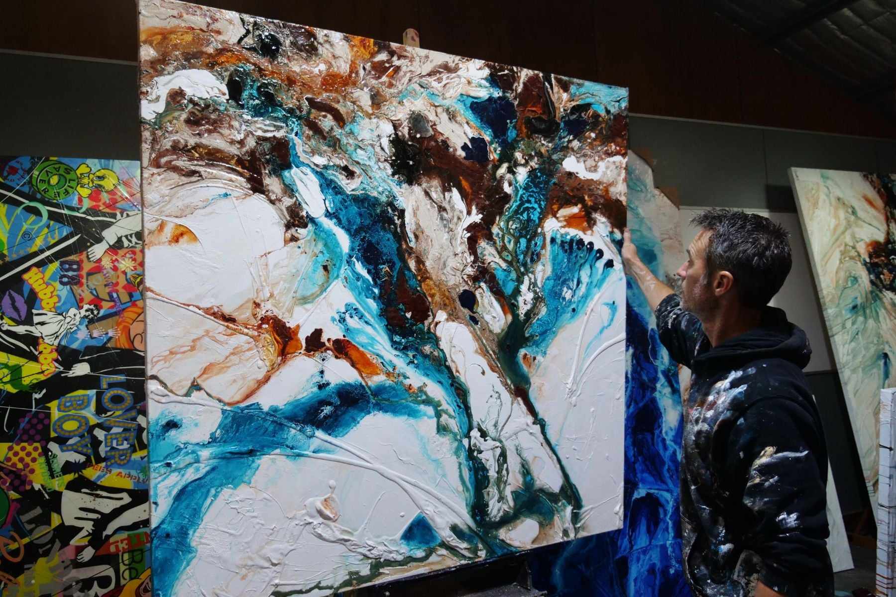 Southern Rapture 150cm x 150cm Teal White Textured Abstract Painting (SOLD)-Abstract-[Franko_Artist]-[The_Block]-[Dream_Homes]-[ideas]-[Grand_Designs]-[Art_Lover]-Franklin Art Studio