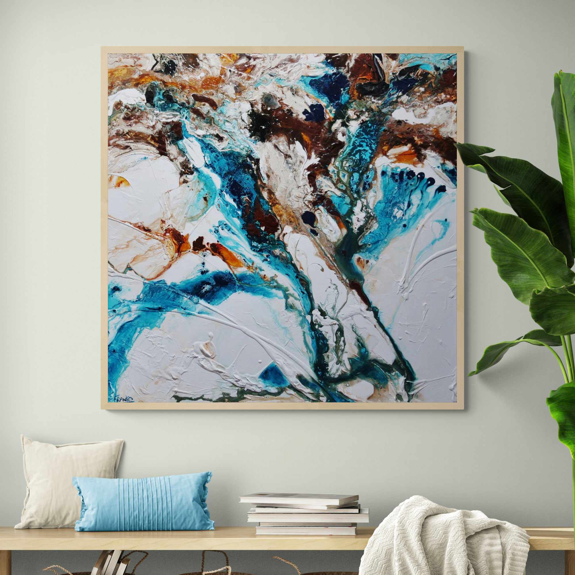 Southern Rapture 150cm x 150cm Teal White Textured Abstract Painting (SOLD)-Abstract-[Franko_Artist]-[Australian_artist]-[Gold_Coast]-[Brisbane]-[modern]-[contemporary]-[original]-[Large_artwork]-[The_Block]-[Dream_Homes]-[ideas]-[Grand_Designs]-[Art_Lover]-Franklin Art Studio