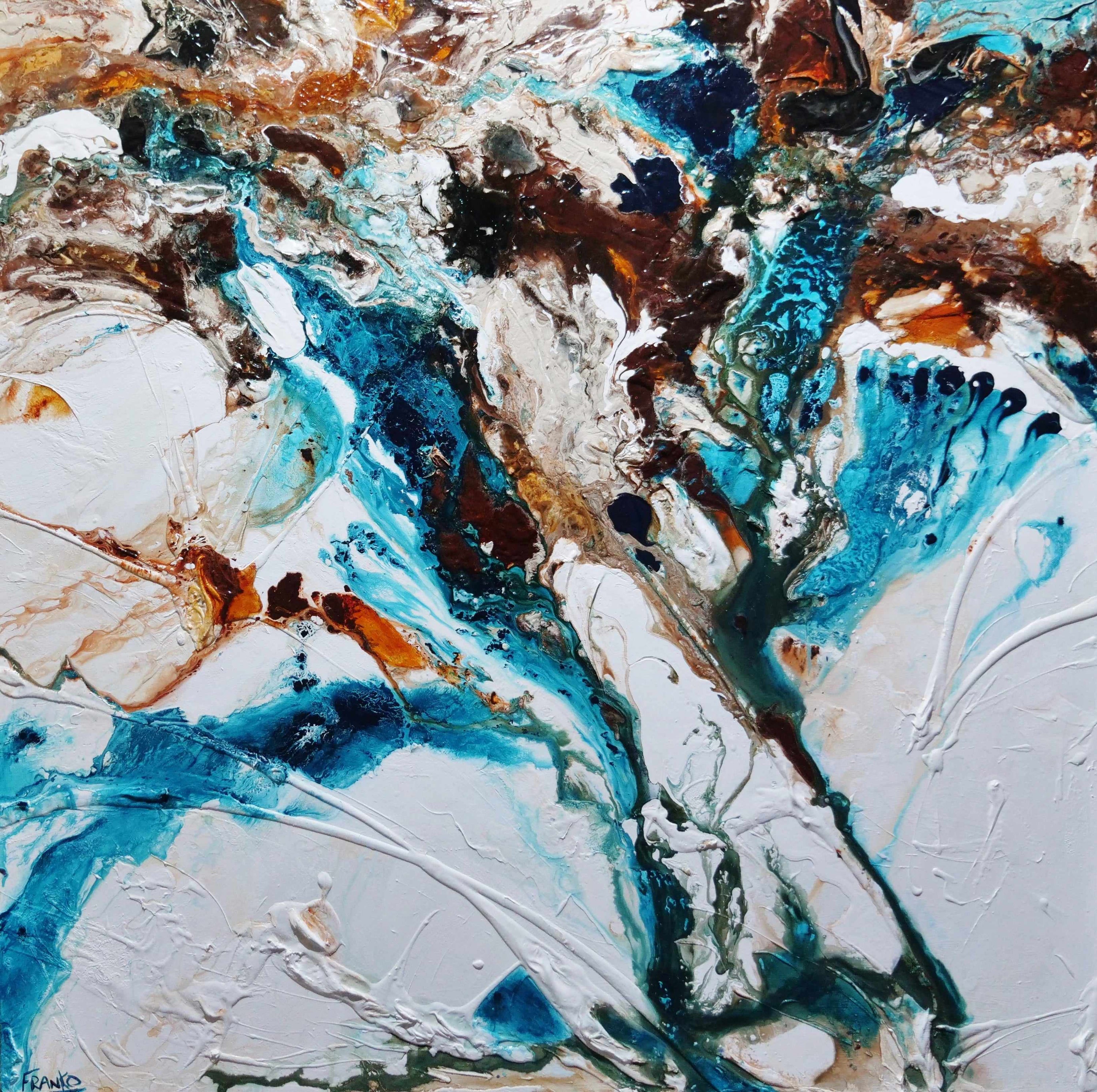 Southern Rapture 150cm x 150cm Teal White Textured Abstract Painting (SOLD)-Abstract-[Franko_Artist]-[Australian_artist]-[Gold_Coast]-[Brisbane]-[modern]-[contemporary]-[original]-[Large_artwork]-Franklin Art Studio