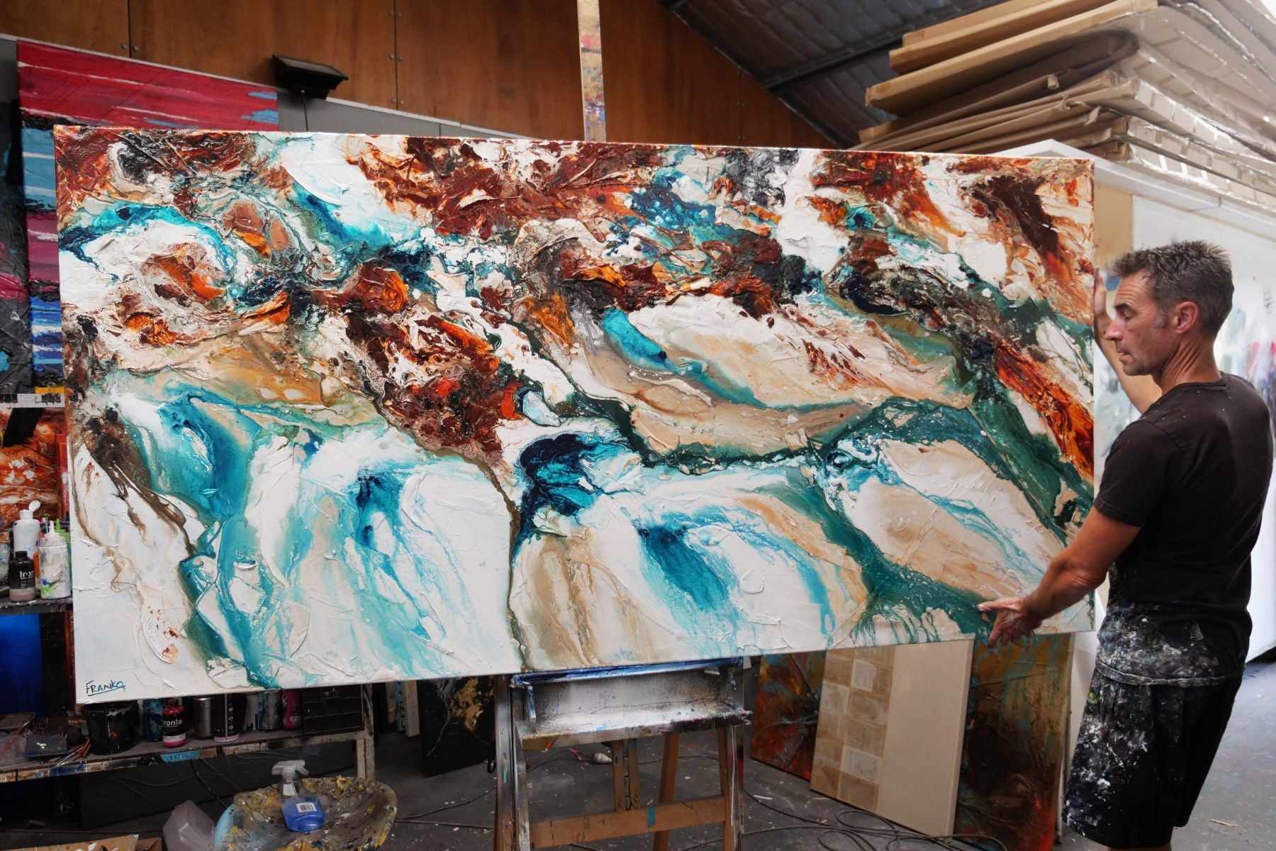 Southern Rock 240cm x 120cm Teal Cream Oxide Textured Abstract Painting (SOLD)-Abstract-[Franko_Artist]-[The_Block]-[Dream_Homes]-[ideas]- [Grand_Designs]-Franklin Art Studio