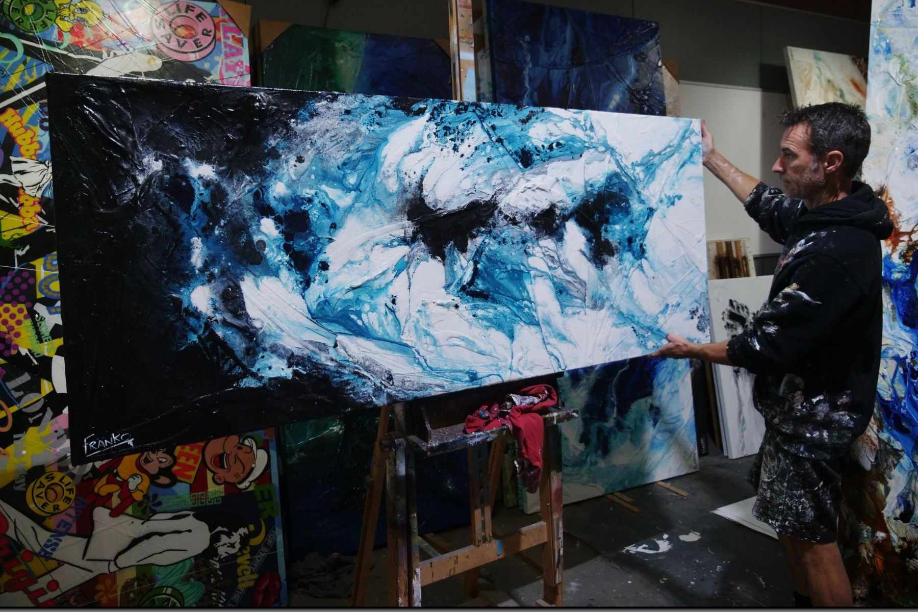 Southern Sting 200cm x 80cm Black Turquoise White Textured Abstract Painting (SOLD)-Abstract-[Franko_Artist]-[The_Block]-[Dream_Homes]-[ideas]- [Grand_Designs]-Franklin Art Studio