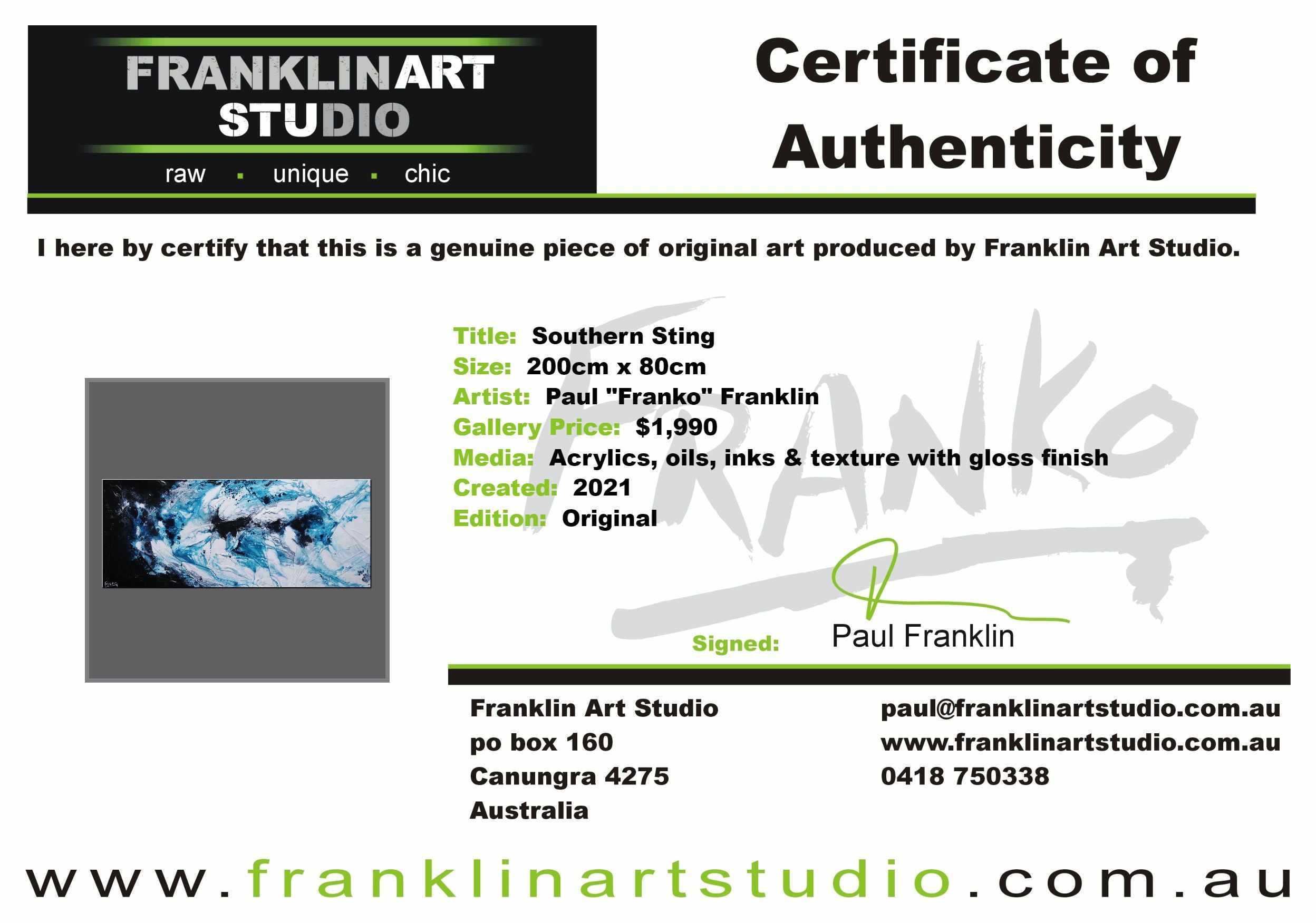 Southern Sting 200cm x 80cm Black Turquoise White Textured Abstract Painting (SOLD)-Abstract-[Franko_Artist]-[The_Block]-[Dream_Homes]-[ideas]-[Grand_Designs]-[Art_Lover]-Franklin Art Studio