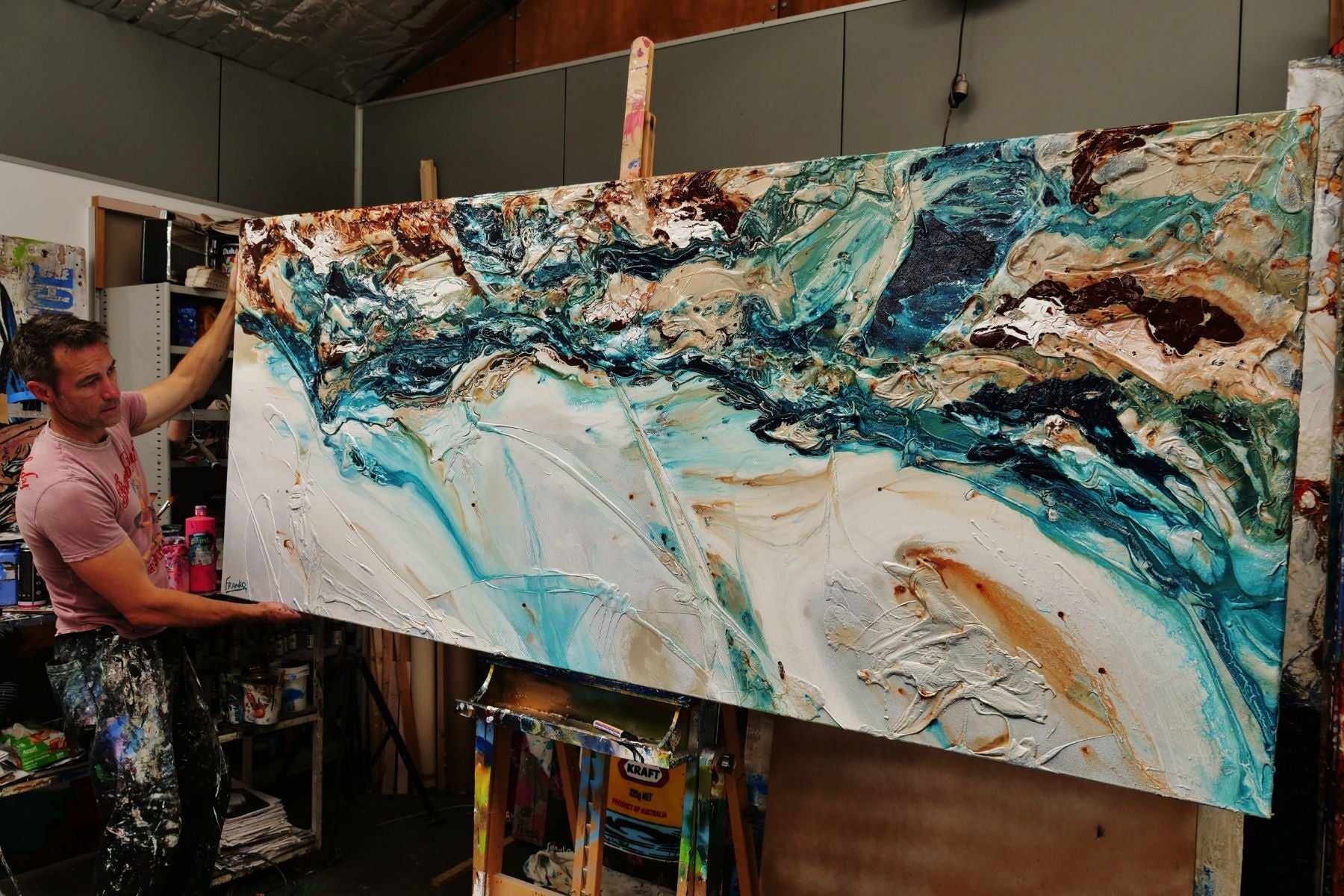 Southern Teal 240cm x 120cm White Turquoise Rust Textured Abstract Painting (SOLD)-Abstract-[Franko_Artist]-[The_Block]-[Dream_Homes]-[ideas]- [Grand_Designs]-Franklin Art Studio