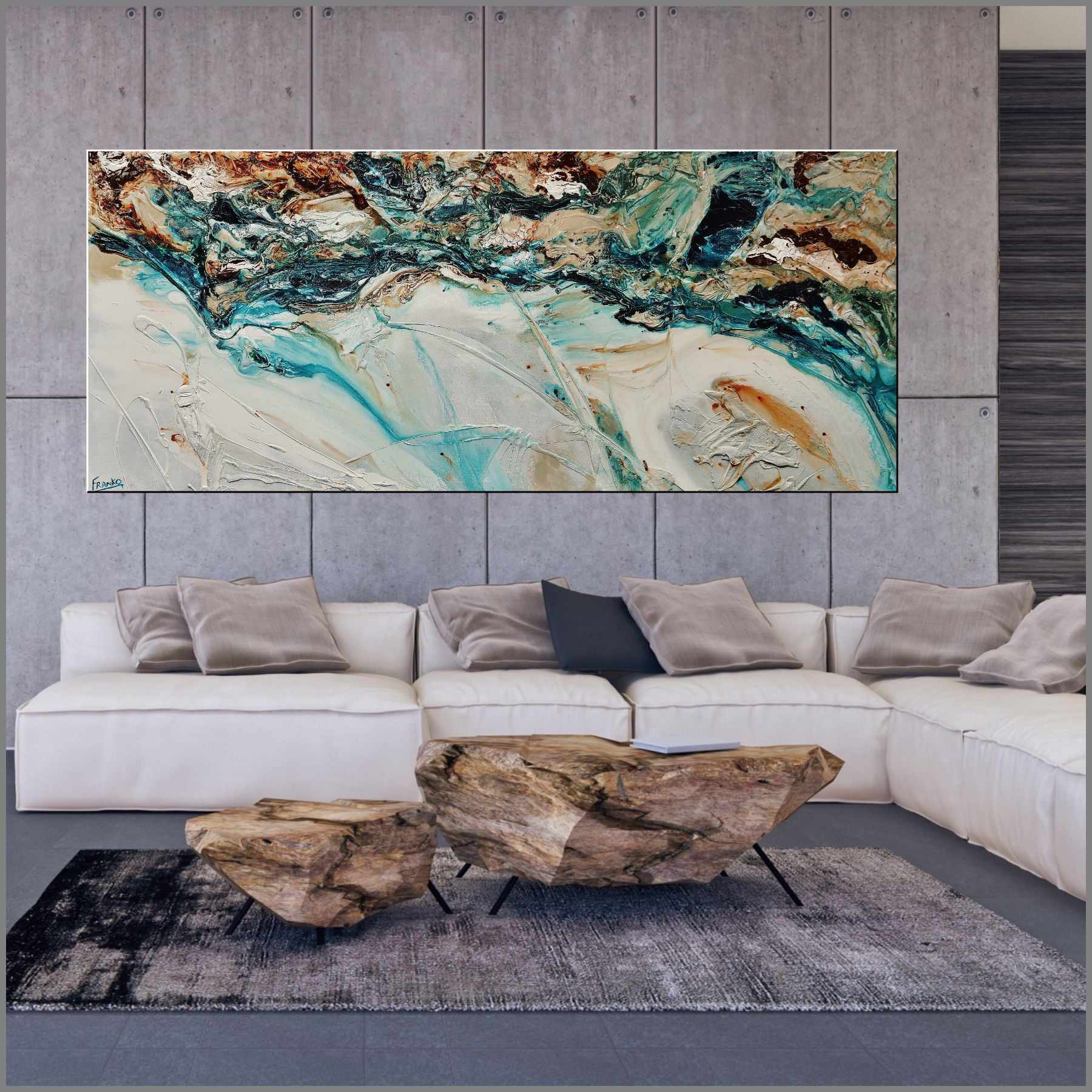 Southern Teal 240cm x 120cm White Turquoise Rust Textured Abstract Painting (SOLD)-Abstract-[Franko_Artist]-[Australian_artist]-[Gold_Coast]-[Brisbane]-[modern]-[contemporary]-[original]-[Large_artwork]-[The_Block]-[Dream_Homes]-[ideas]-[Grand_Designs]-[Art_Lover]-Franklin Art Studio