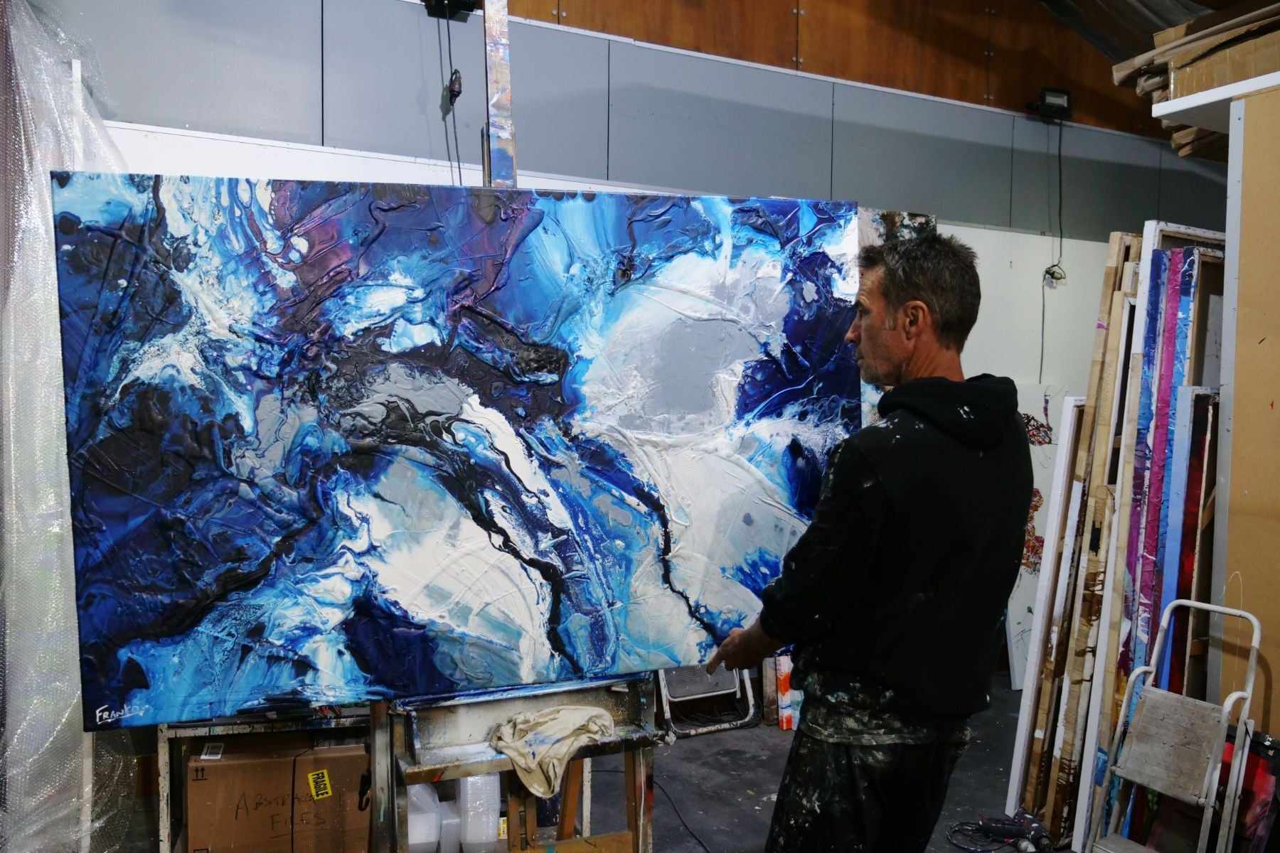 Spritzer 160cm x 100cm Blue White Grey Textured Abstract Painting (SOLD)-Abstract-[Franko_Artist]-[The_Block]-[Dream_Homes]-[ideas]- [Grand_Designs]-Franklin Art Studio