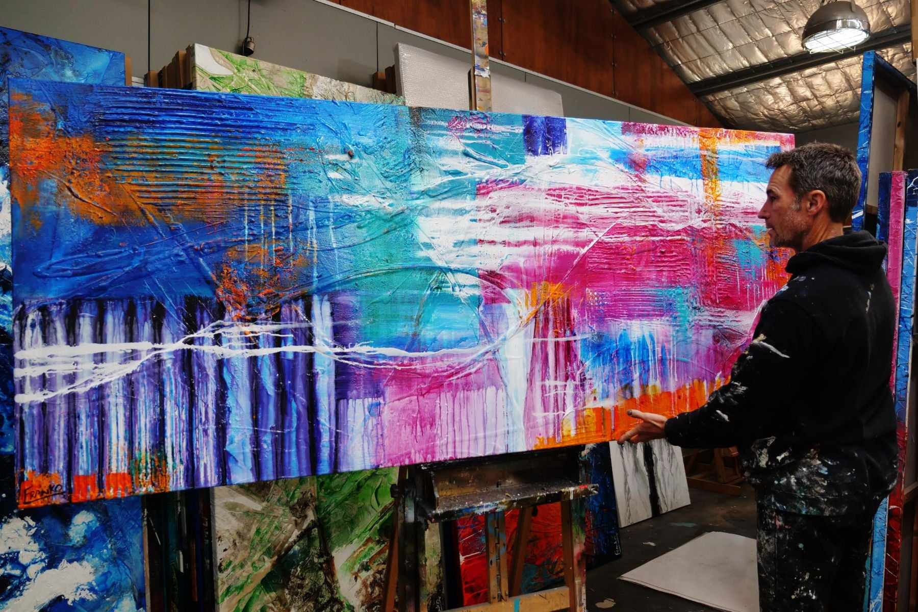 Square Root of Grunge 240cm x 100cm Blue Pink Textured Abstract Painting (SOLD)-Abstract-[Franko_Artist]-[The_Block]-[Dream_Homes]-[ideas]- [Grand_Designs]-Franklin Art Studio