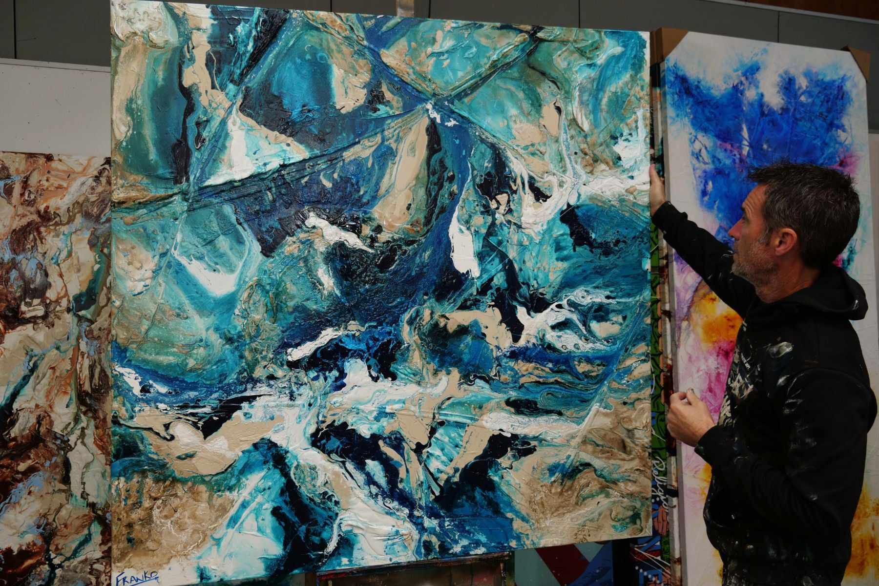 Squared Southern Oceans 150cm x 150cm Teal Cream White Textured Abstract Painting (SOLD)-Abstract-[Franko_Artist]-[The_Block]-[Dream_Homes]-[ideas]- [Grand_Designs]-Franklin Art Studio