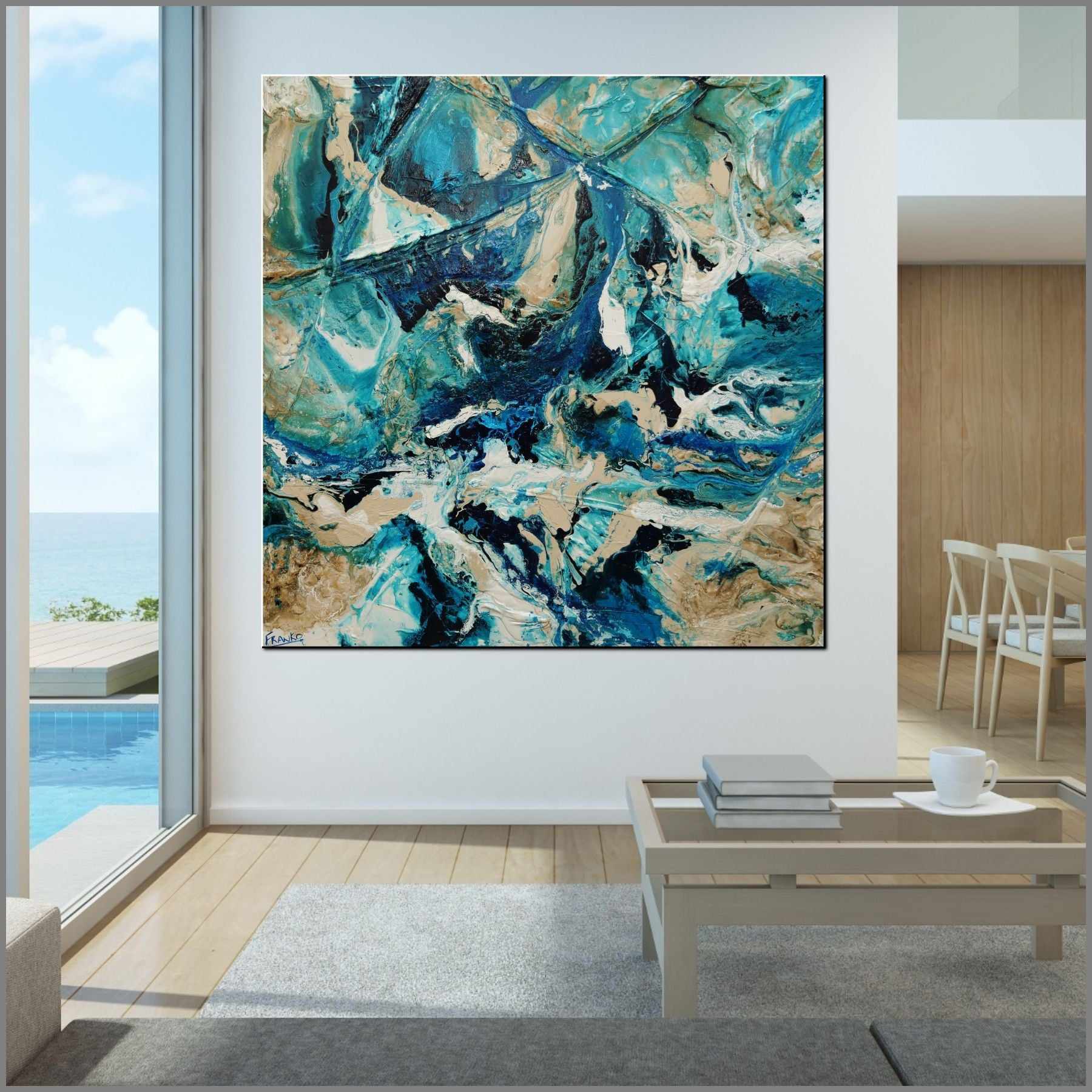 Squared Southern Oceans 150cm x 150cm Teal Cream White Textured Abstract Painting (SOLD)-Abstract-[Franko_Artist]-[Australian_artist]-[Gold_Coast]-[Brisbane]-[modern]-[contemporary]-[original]-[Large_artwork]-[The_Block]-[Dream_Homes]-[ideas]-[Grand_Designs]-[Art_Lover]-Franklin Art Studio