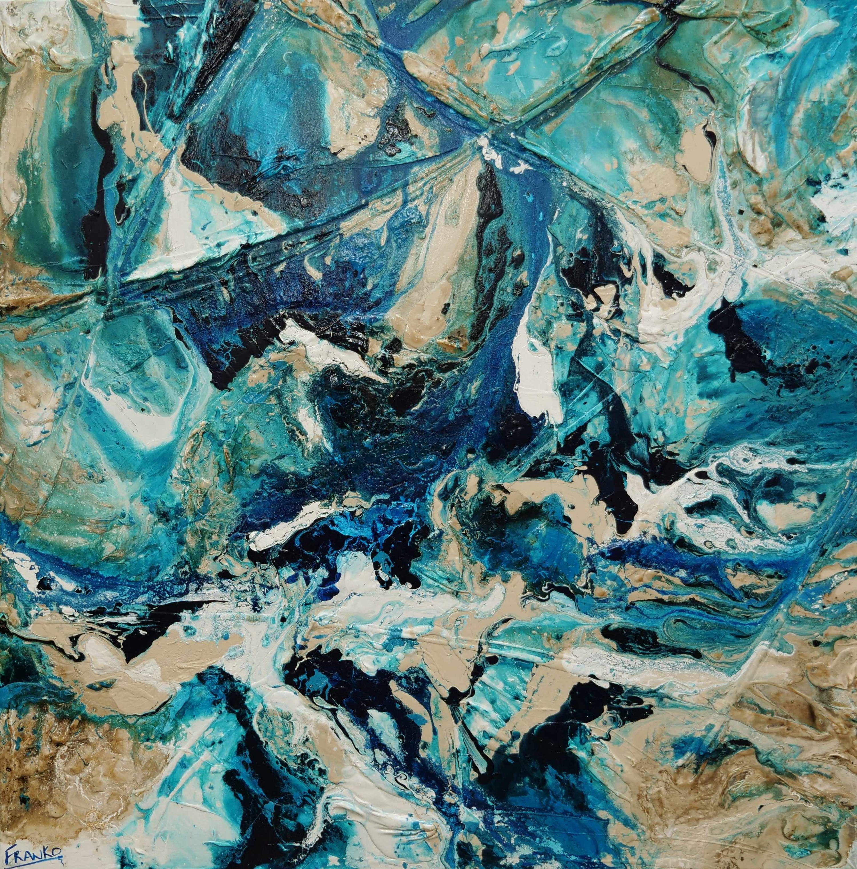 Squared Southern Oceans 150cm x 150cm Teal Cream White Textured Abstract Painting (SOLD)-Abstract-[Franko_Artist]-[Australian_artist]-[Gold_Coast]-[Brisbane]-[modern]-[contemporary]-[original]-[Large_artwork]-Franklin Art Studio