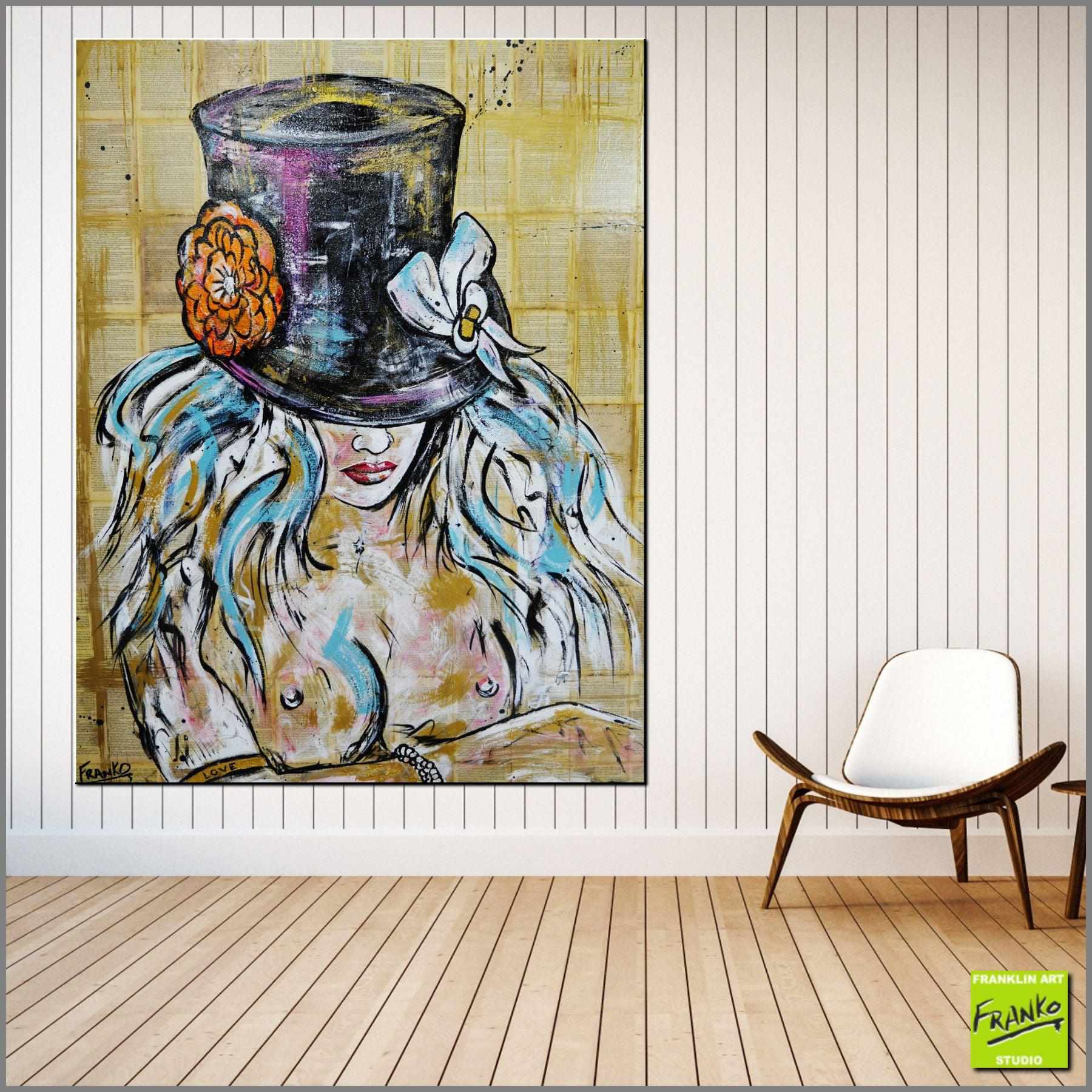 Steam Punk Girl 120cm x 150cm 50 Shades of Grey Nude Hat Vintage Book Pop art Painting (SOLD)-book club-[Franko_Artist]-[Australian_artist]-[Gold_Coast]-[Brisbane]-[modern]-[contemporary]-[original]-[Large_artwork]-[The_Block]-[Dream_Homes]-[ideas]-[Grand_Designs]-[Art_Lover]-Franklin Art Studio