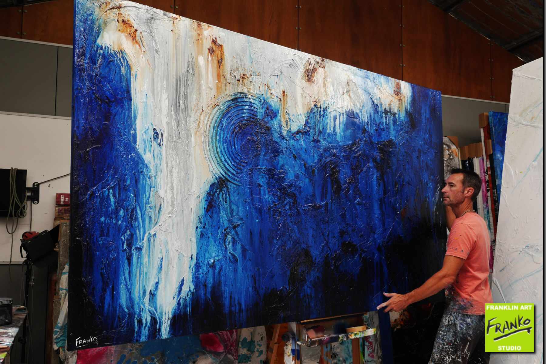 Steel Blue Oxide 150cm x 250cm White Blue Textured Abstract Painting (SOLD)-Abstract-[Franko]-[Australian]-[Popular]-[Best Selling]-Franklin Art Studio