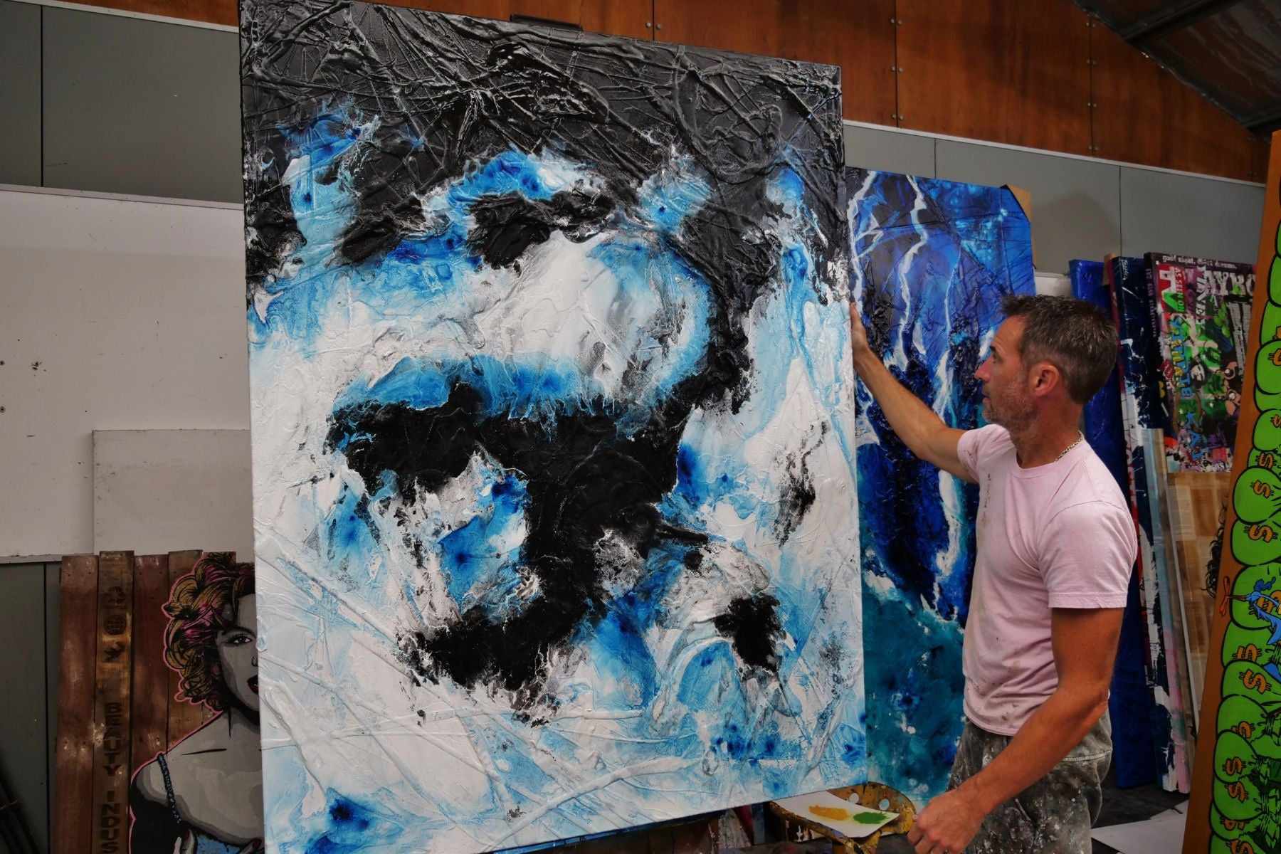Stormy Reach 140cm x 180cm Black Blue White Textured Abstract Painting (SOLD)-Abstract-[Franko_Artist]-[The_Block]-[Dream_Homes]-[ideas]- [Grand_Designs]-Franklin Art Studio
