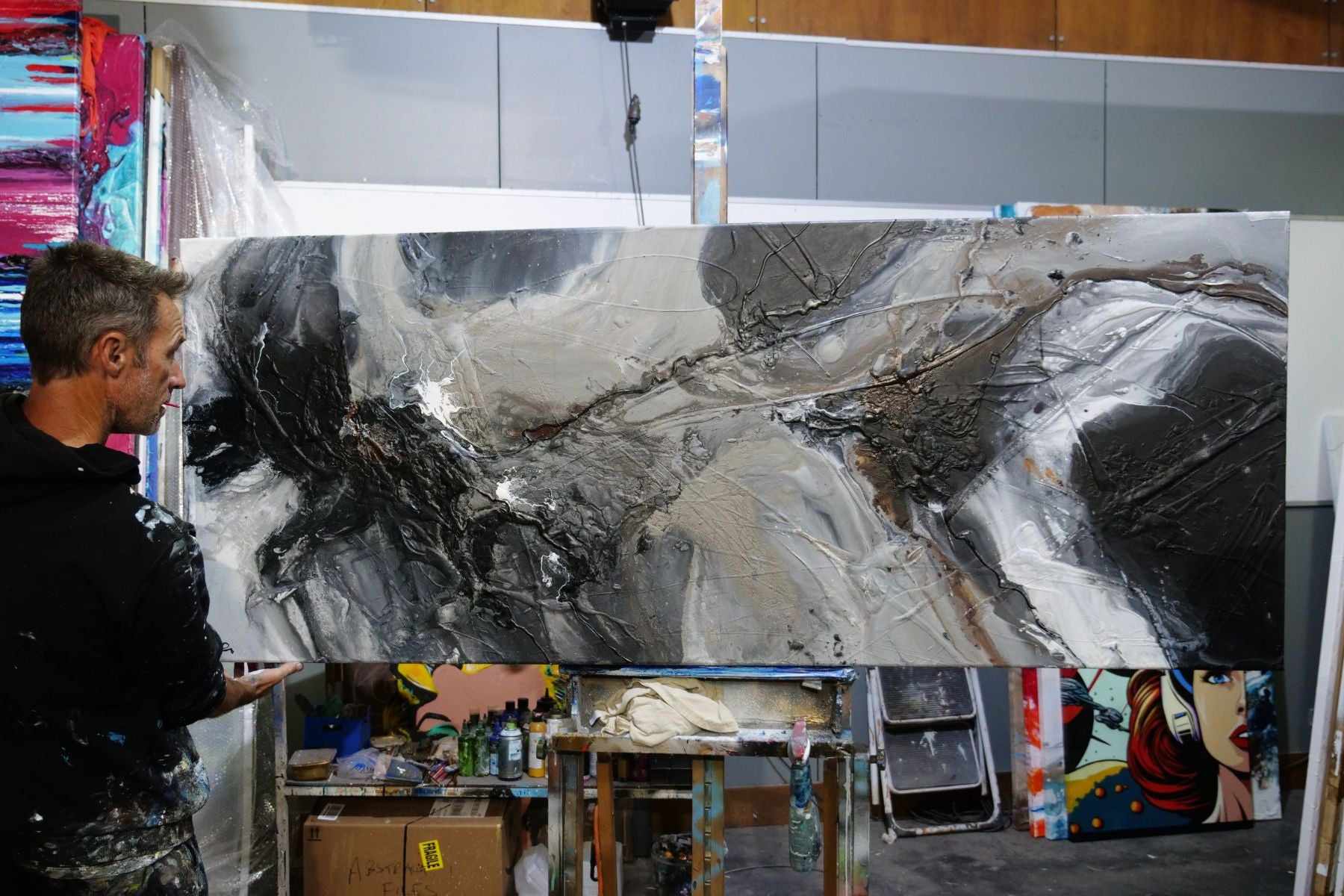 Stratosphere 200cm x 80cm Malt Black Textured Abstract Painting (SOLD)-Abstract-[Franko_Artist]-[The_Block]-[Dream_Homes]-[ideas]- [Grand_Designs]-Franklin Art Studio