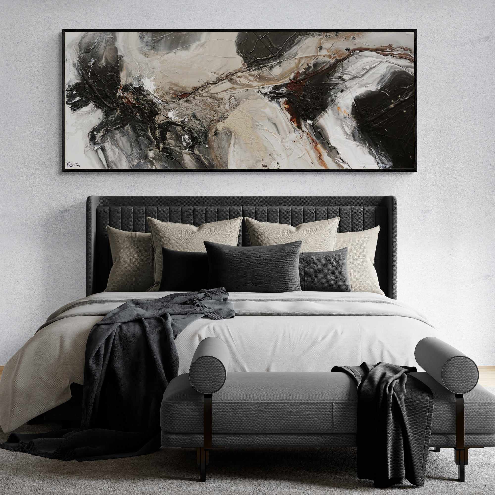 Stratosphere 200cm x 80cm Malt Black Textured Abstract Painting (SOLD)-Abstract-[Franko_Artist]-[The_Block]-[Dream_Homes]-[ideas]-[Grand_Designs]-[Art_Lover]-Franklin Art Studio