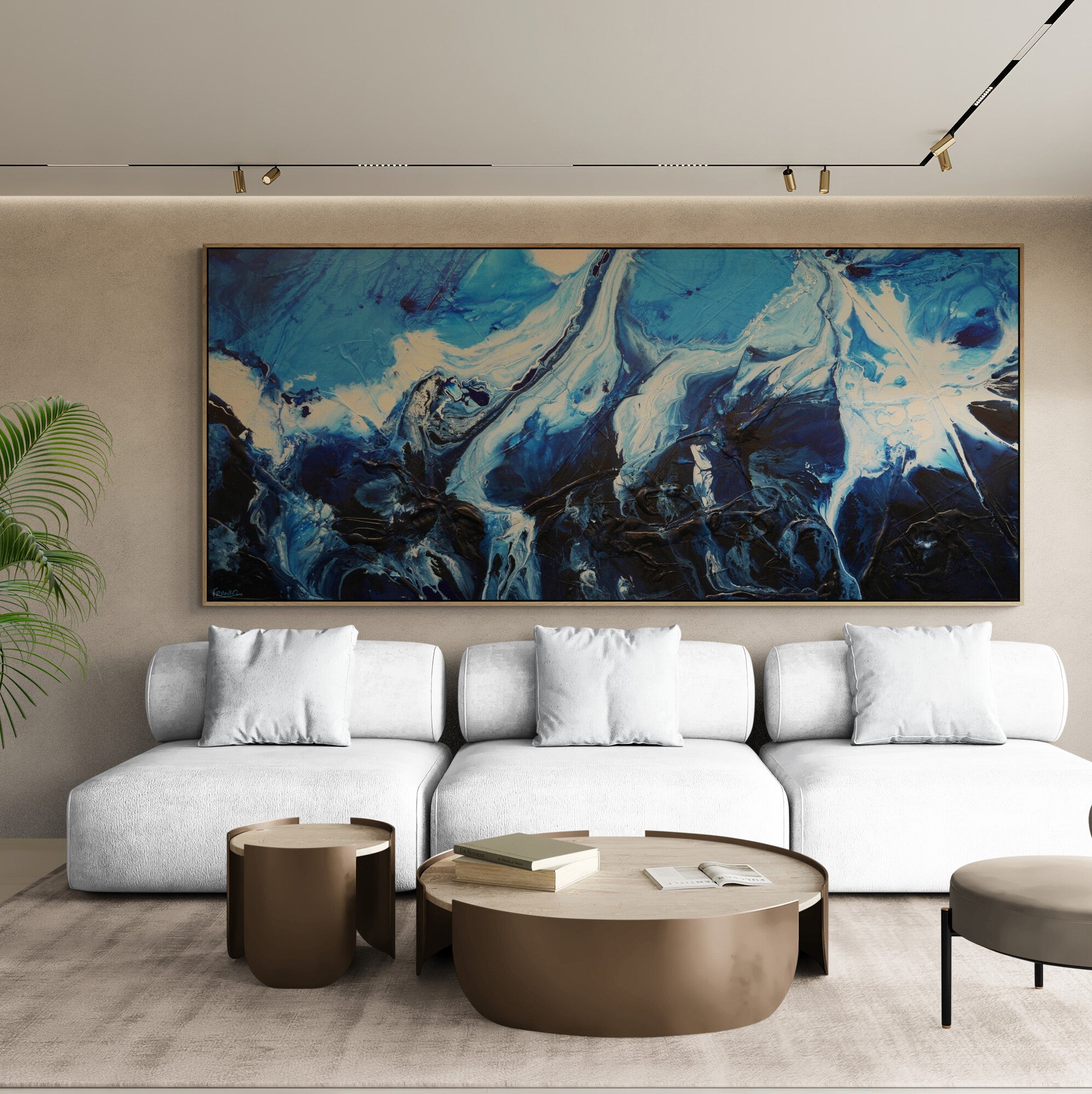 The Blue 270cm x 120cm Black Blue White Textured Abstract Painting (SOLD)-Abstract-[Franko_Artist]-[The_Block]-[Dream_Homes]-[ideas]-[Grand_Designs]-[Art_Lover]-Franklin Art Studio