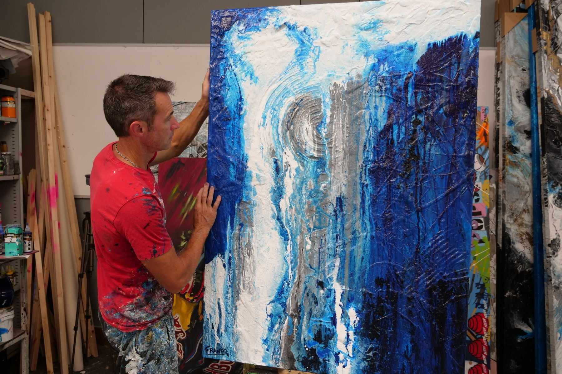 Sugar Blue 140cm x 100cm Prussian Phalto Blue White Grey Textured Abstract Painting (SOLD)-Abstract-[Franko_Artist]-[The_Block]-[Dream_Homes]-[ideas]- [Grand_Designs]-Franklin Art Studio