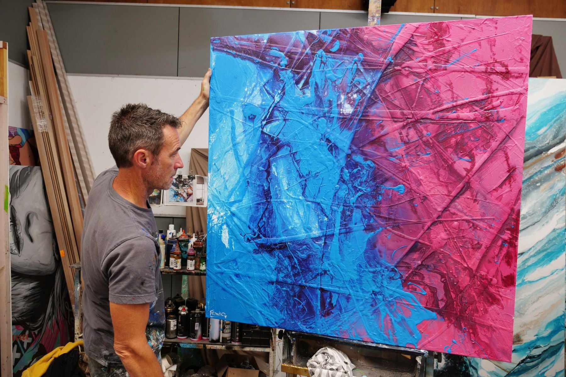 Sugar Dreams 120cm x 120cm Blue Pink Textured Abstract Painting (SOLD)-Abstract-[Franko_Artist]-[The_Block]-[Dream_Homes]-[ideas]-[Grand_Designs]-[Art_Lover]-Franklin Art Studio