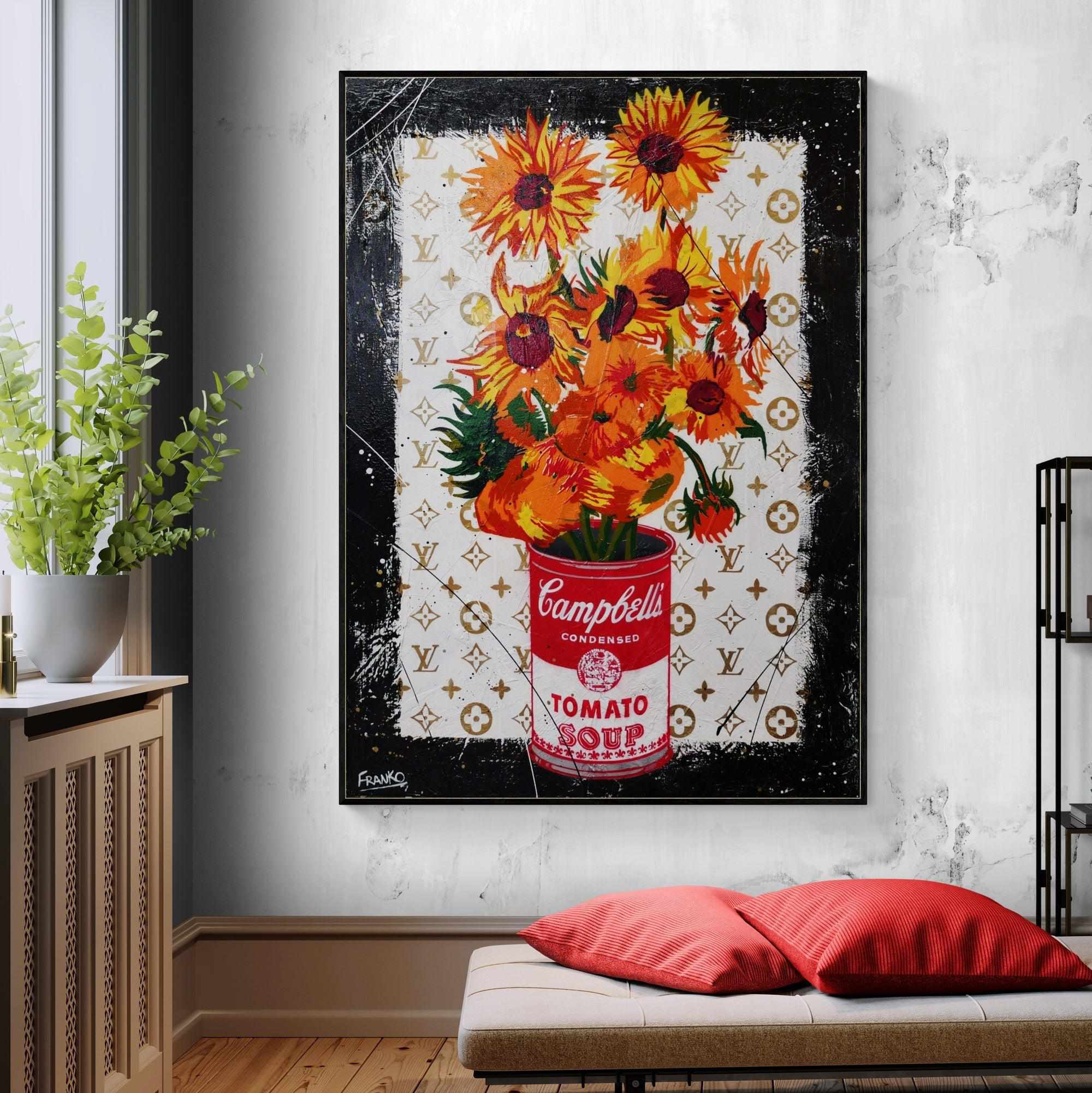 Sunflower Soup 140cm x 100cm Sunflower Campbells Soup Textured Urban Pop Art Painting (SOLD)-Urban Pop Art-[Franko_Artist]-[The_Block]-[Dream_Homes]-[ideas]- [Grand_Designs]-Franklin Art Studio