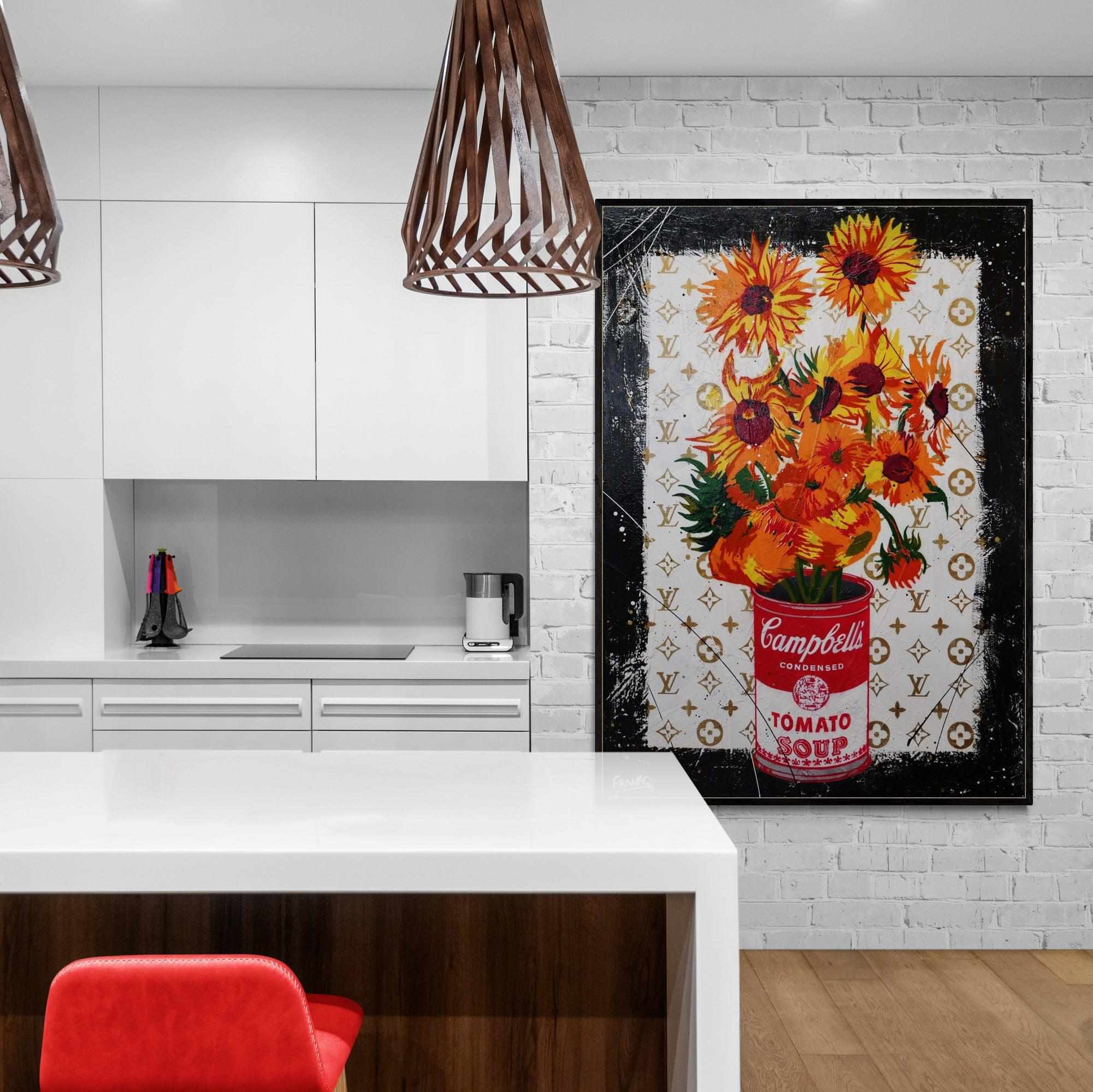 Sunflower Soup 140cm x 100cm Sunflower Campbells Soup Textured Urban Pop Art Painting (SOLD)-Urban Pop Art-[Franko_Artist]-[Australian_artist]-[Gold_Coast]-[Brisbane]-[modern]-[contemporary]-[original]-[Large_artwork]-[The_Block]-[Dream_Homes]-[ideas]-[Grand_Designs]-[Art_Lover]-Franklin Art Studio