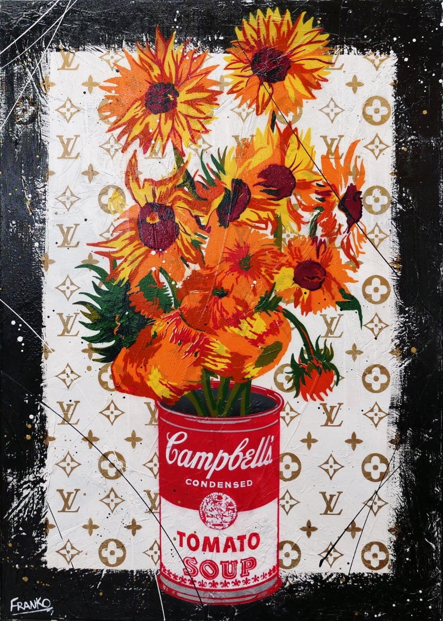 Sunflower Soup 140cm x 100cm Sunflower Campbells Soup Textured Urban Pop Art Painting (SOLD)-Urban Pop Art-[Franko_Artist]-[Australian_artist]-[Gold_Coast]-[Brisbane]-[modern]-[contemporary]-[original]-[Large_artwork]-Franklin Art Studio