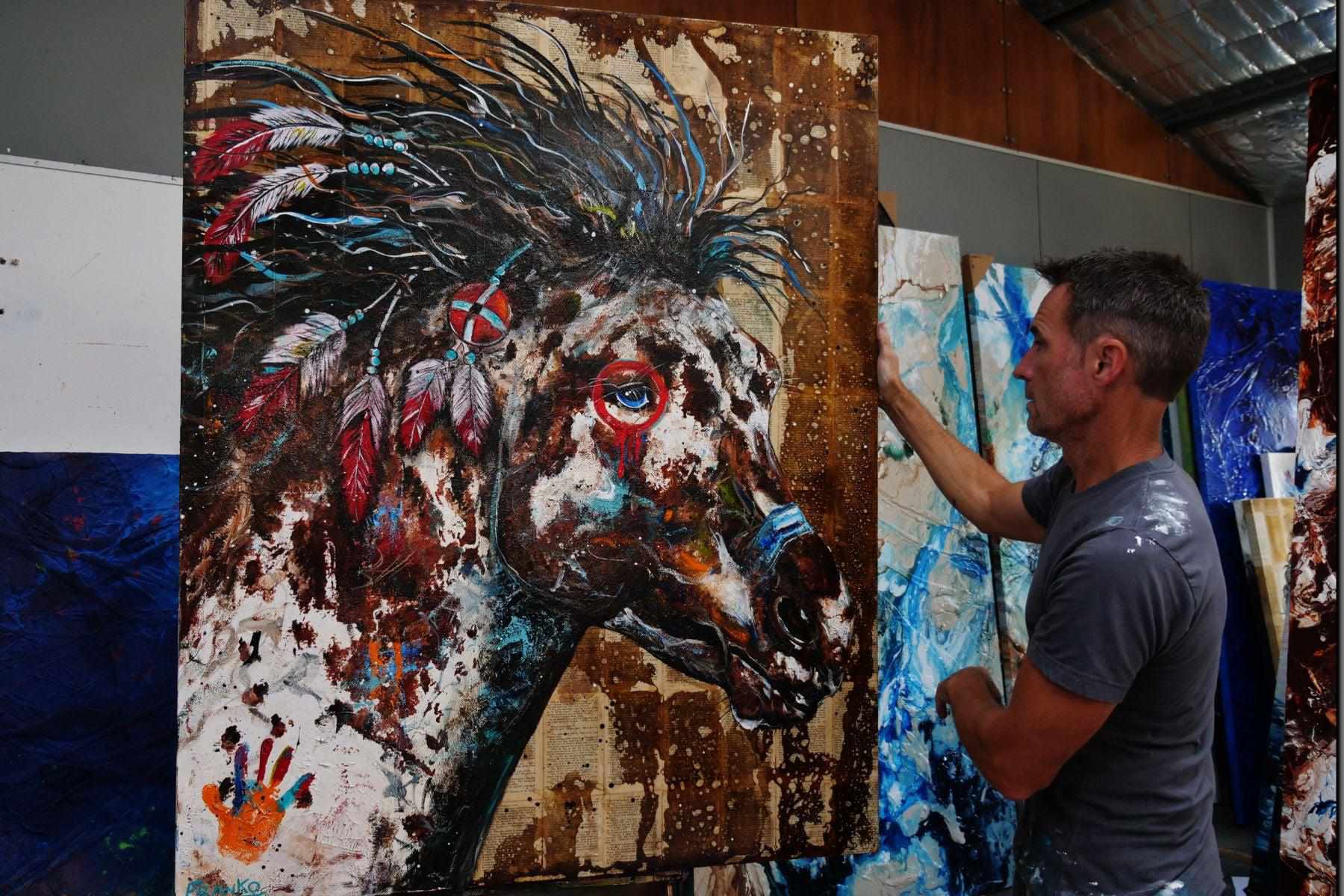 Sunset Ahiga 120cm x 150cm Indian War Horse Urban Pop Book Club Painting (SOLD)-book club-[Franko_Artist]-[The_Block]-[Dream_Homes]-[ideas]- [Grand_Designs]-Franklin Art Studio