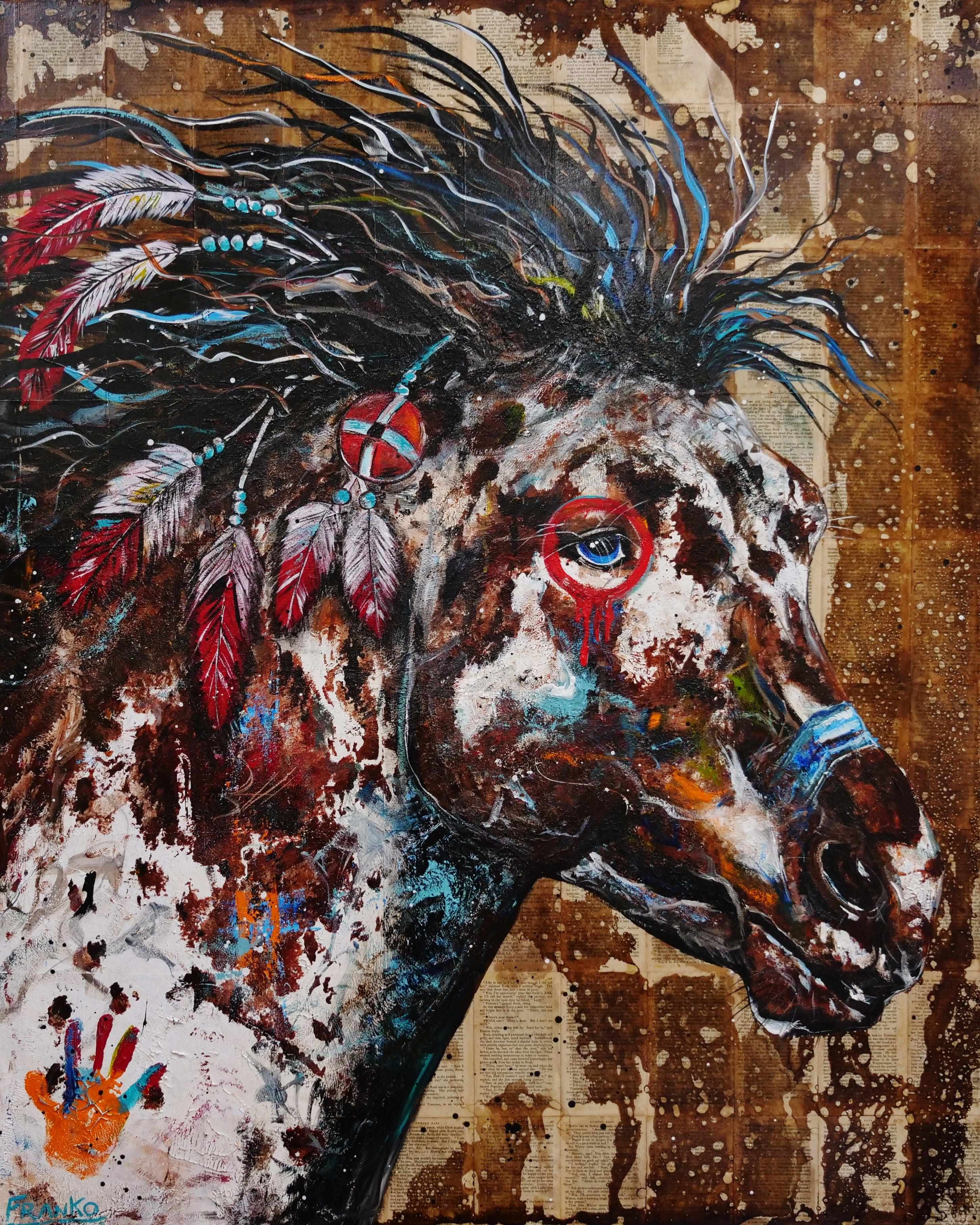 Sunset Ahiga 120cm x 150cm Indian War Horse Urban Pop Book Club Painting (SOLD)-book club-[Franko_Artist]-[Australian_artist]-[Gold_Coast]-[Brisbane]-[modern]-[contemporary]-[original]-[Large_artwork]-Franklin Art Studio