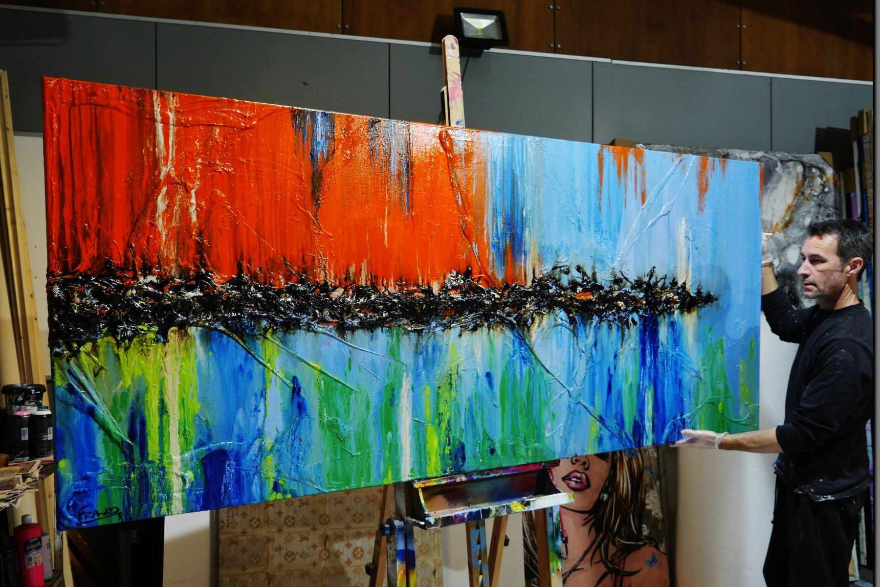 Sunset and Cocktails 240cm x 100cm Blue Orange Textured Abstract Painting (SOLD)-Abstract-[Franko_Artist]-[The_Block]-[Dream_Homes]-[ideas]- [Grand_Designs]-Franklin Art Studio