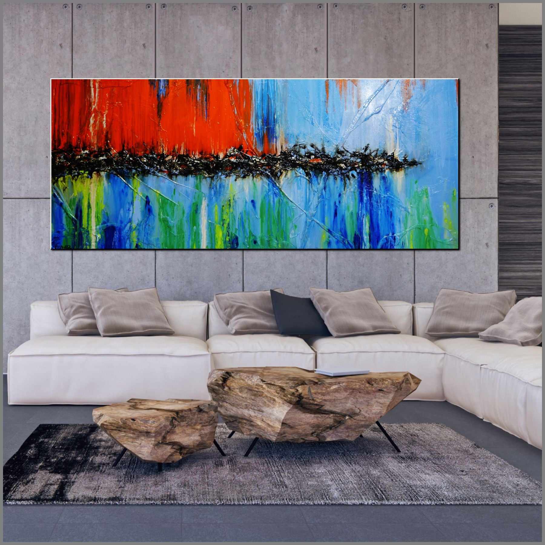 Sunset and Cocktails 240cm x 100cm Blue Orange Textured Abstract Painting (SOLD)-Abstract-[Franko_Artist]-[Australian_artist]-[Gold_Coast]-[Brisbane]-[modern]-[contemporary]-[original]-[Large_artwork]-[The_Block]-[Dream_Homes]-[ideas]-[Grand_Designs]-[Art_Lover]-Franklin Art Studio