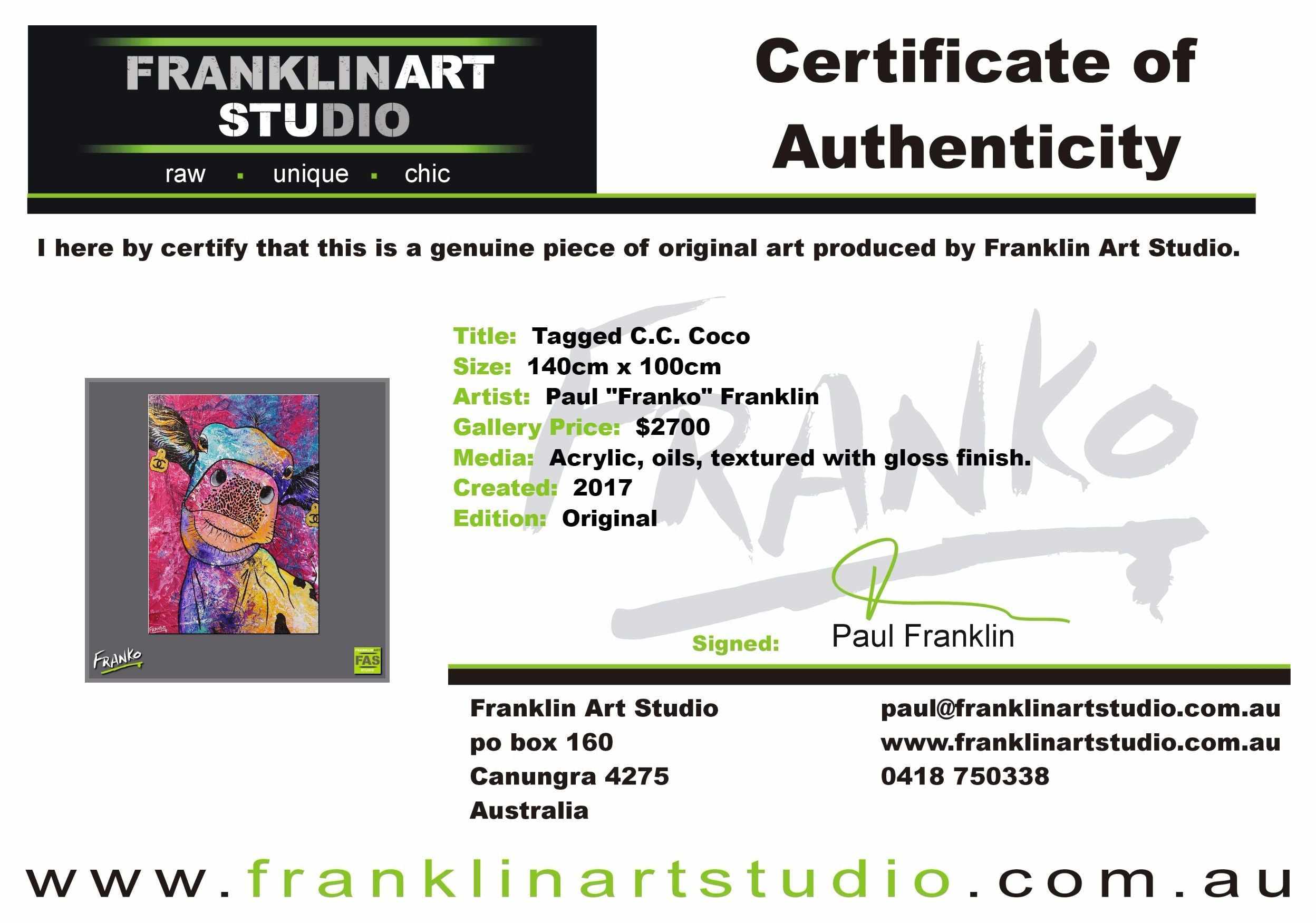Tagged Coco 140cm x 100cm Cow Pop Art Painting (SOLD)-urban pop-[Franko_Artist]-[The_Block]-[Dream_Homes]-[ideas]- [Grand_Designs]-Franklin Art Studio