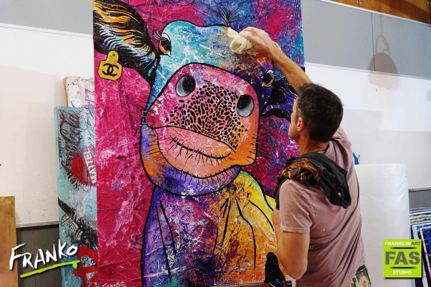 Tagged Coco 140cm x 100cm Cow Pop Art Painting (SOLD)-urban pop-[Franko_Artist]-[The_Block]-[Dream_Homes]-[ideas]-[Grand_Designs]-[Art_Lover]-Franklin Art Studio