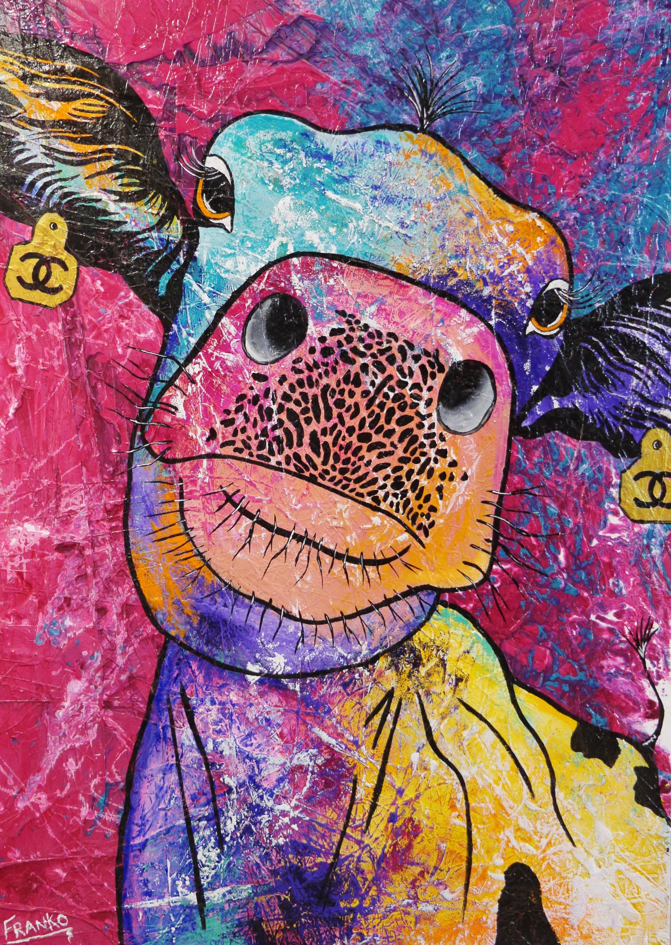Tagged Coco 140cm x 100cm Cow Pop Art Painting (SOLD)-urban pop-[Franko_Artist]-[Australian_artist]-[Gold_Coast]-[Brisbane]-[modern]-[contemporary]-[original]-[Large_artwork]-Franklin Art Studio
