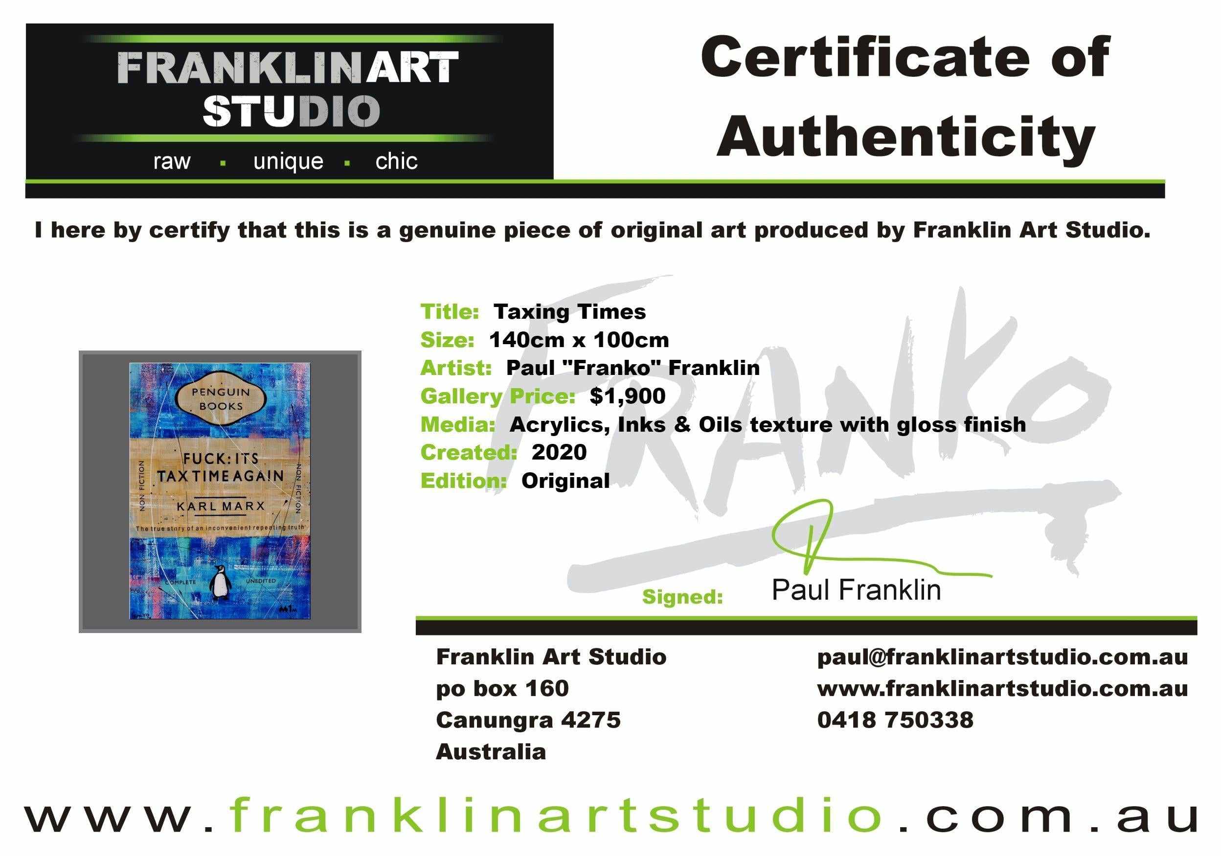 Taxing Times 140cm x 100cm Tax Time Urban Pop Book Club Painting (SOLD)-book club-[Franko_Artist]-[The_Block]-[Dream_Homes]-[ideas]-[Grand_Designs]-[Art_Lover]-Franklin Art Studio