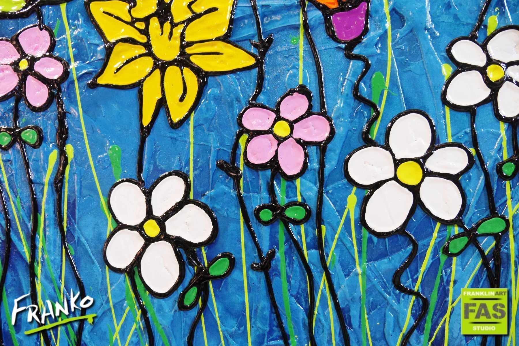 Teal Bloom 160cm x 100cm Flowers 3D Texture based line work #leadlight styled series Painting (SOLD)-abstract realism-[Franko]-[Artist]-[Australia]-[Painting]-Franklin Art Studio