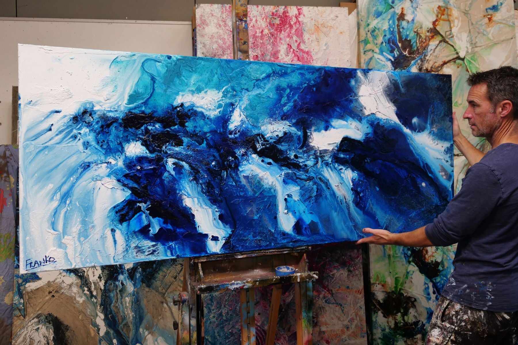 Teal Blue Candy 200cm x 80cm Blue White Teal Textured Abstract Painting (SOLD)-Abstract-[Franko_Artist]-[The_Block]-[Dream_Homes]-[ideas]- [Grand_Designs]-Franklin Art Studio