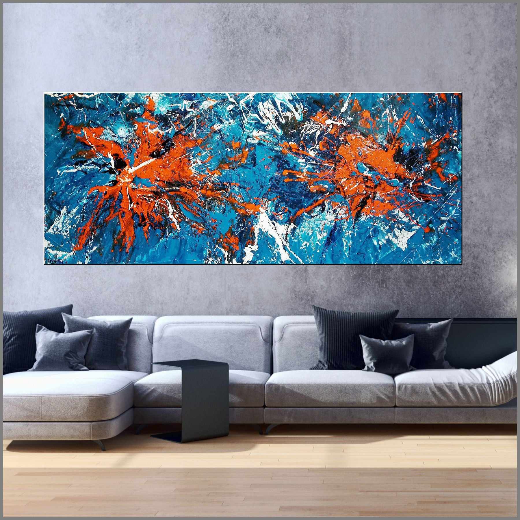 Teal Candy 240cm x 100cm Blue Orange Textured Abstract Painting (SOLD)-Abstract-[Franko_Artist]-[Australian_artist]-[Gold_Coast]-[Brisbane]-[modern]-[contemporary]-[original]-[Large_artwork]-[The_Block]-[Dream_Homes]-[ideas]-[Grand_Designs]-[Art_Lover]-Franklin Art Studio