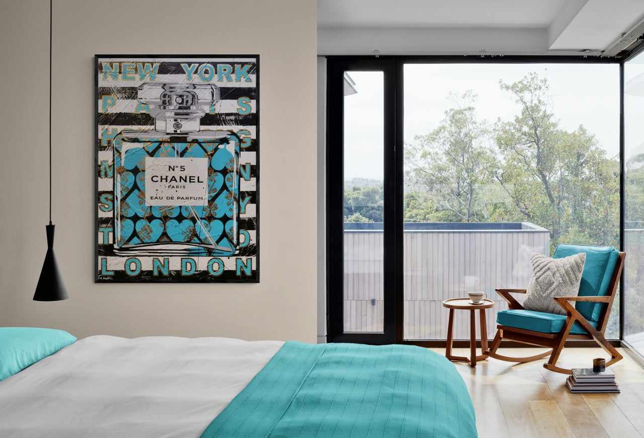 Teal Classic No 5 140cm x 100cm Chanel Bottle Textured Urban Pop Art Painting (SOLD)-Urban Pop Art-[Franko]-[Artist]-[Australia]-[Painting]-Franklin Art Studio