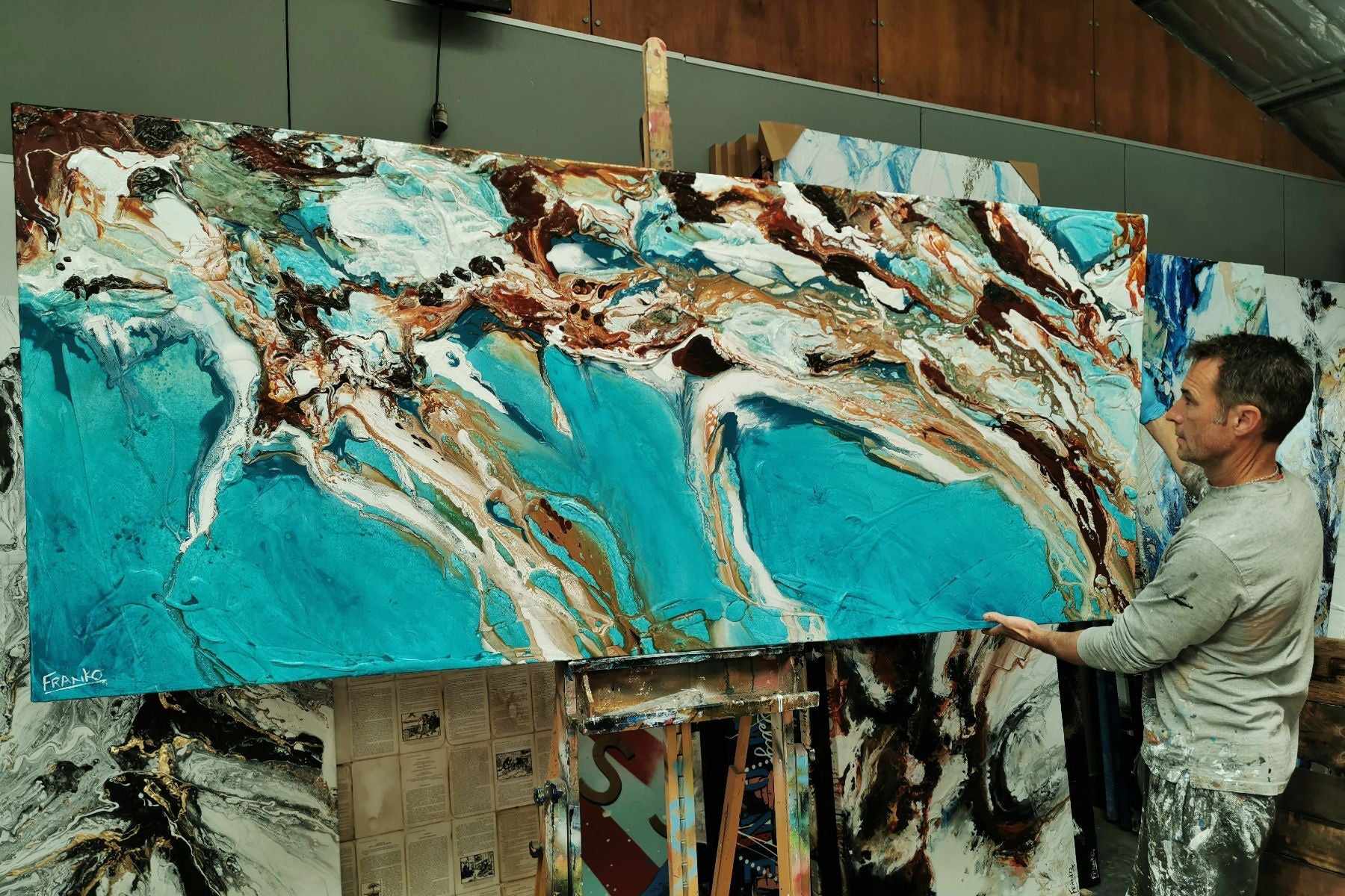 Teal Coast 240cm x 100cm Teal White Oxide Textured Abstract Painting (SOLD)-Abstract-[Franko_Artist]-[The_Block]-[Dream_Homes]-[ideas]- [Grand_Designs]-Franklin Art Studio