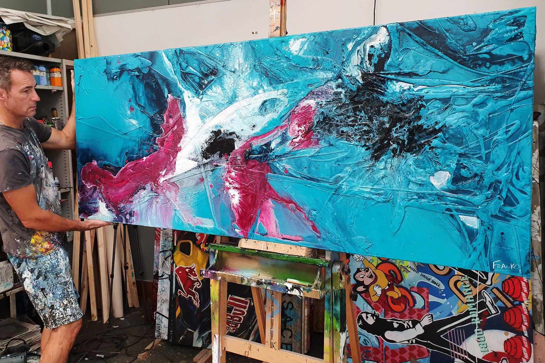 Teal & Magenta 200cm x 80cm Magenta Turquoise Black White Textured Abstract Painting (SOLD)-Abstract-[Franko_Artist]-[The_Block]-[Dream_Homes]-[ideas]- [Grand_Designs]-Franklin Art Studio
