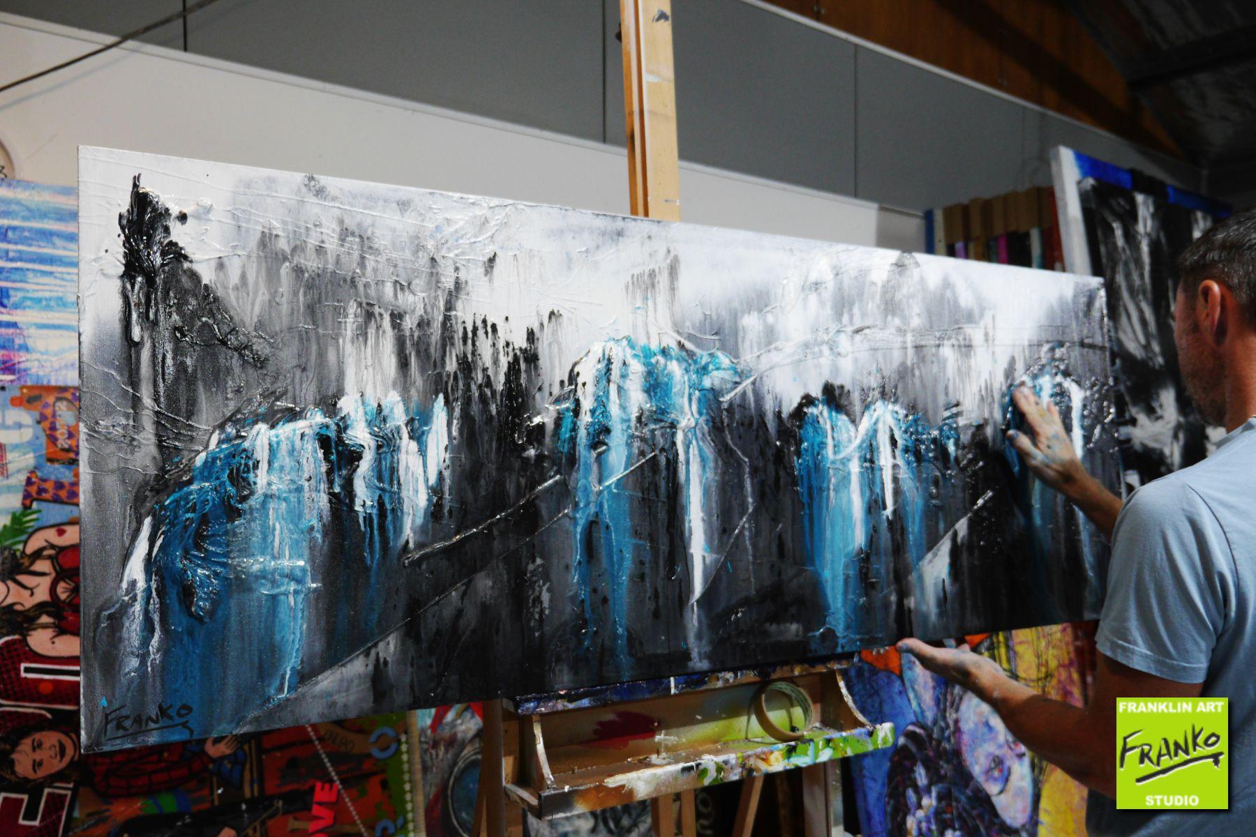 Teal Sass 160cm x 60cm Teal Black White Textured Abstract Painting (SOLD)-Abstract-[Franko_Artist]-[The_Block]-[Dream_Homes]-[ideas]- [Grand_Designs]-Franklin Art Studio