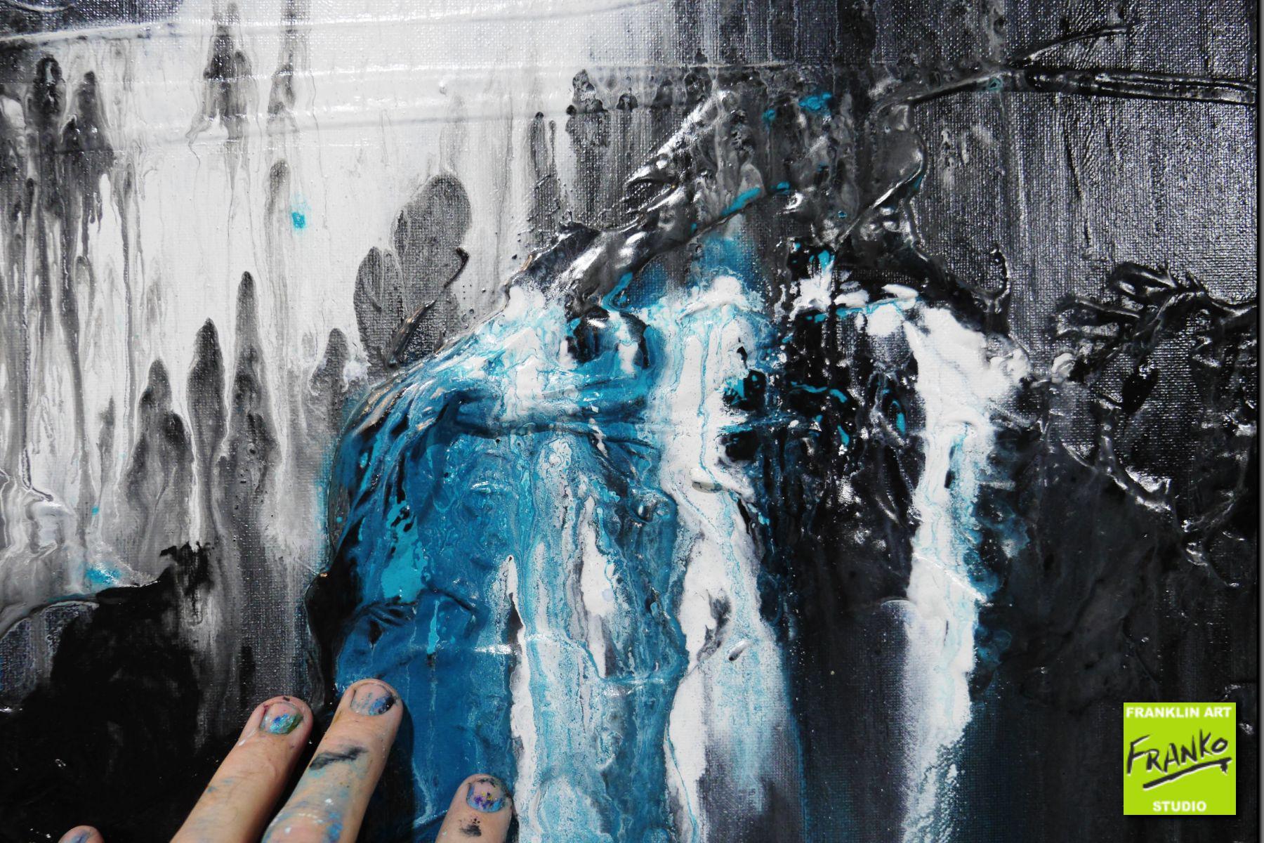 Teal Sass 160cm x 60cm Teal Black White Textured Abstract Painting (SOLD)-Abstract-[Franko]-[Artist]-[Australia]-[Painting]-Franklin Art Studio
