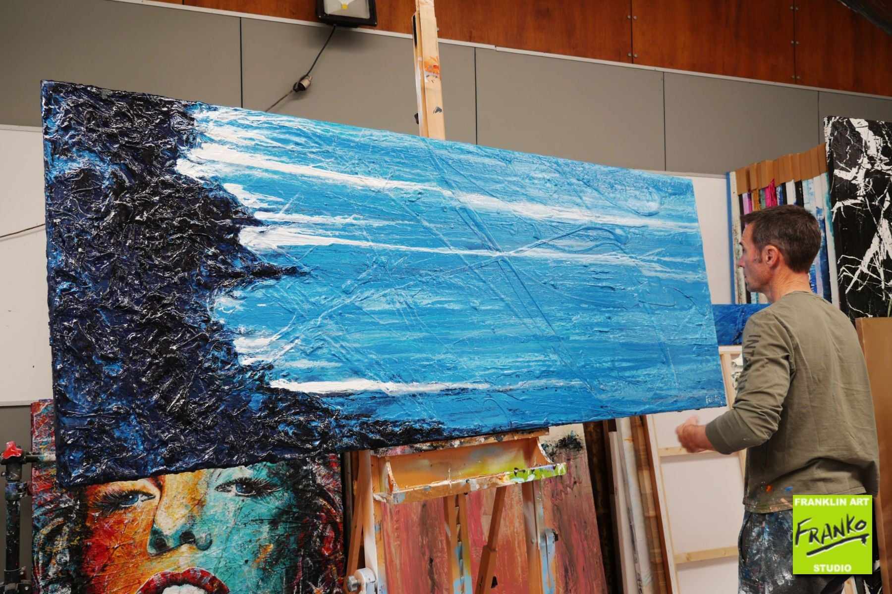 Teal Survivor 200cm x 80cm Blue Black Textured Abstract Painting (SOLD)-Abstract-[Franko_Artist]-[The_Block]-[Dream_Homes]-[ideas]- [Grand_Designs]-Franklin Art Studio