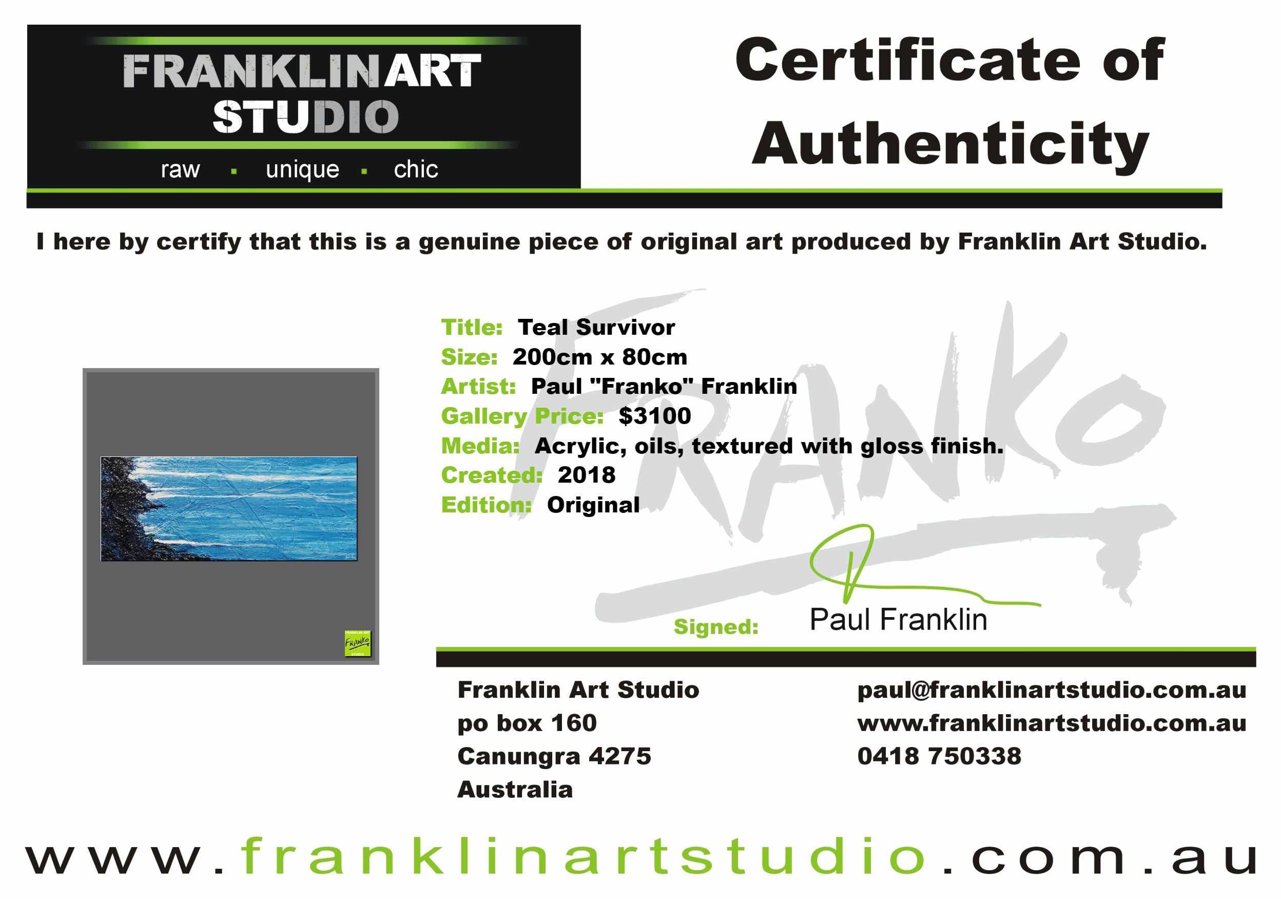 Teal Survivor 200cm x 80cm Blue Black Textured Abstract Painting (SOLD)-Abstract-[Franko_Artist]-[The_Block]-[Dream_Homes]-[ideas]-[Grand_Designs]-[Art_Lover]-Franklin Art Studio