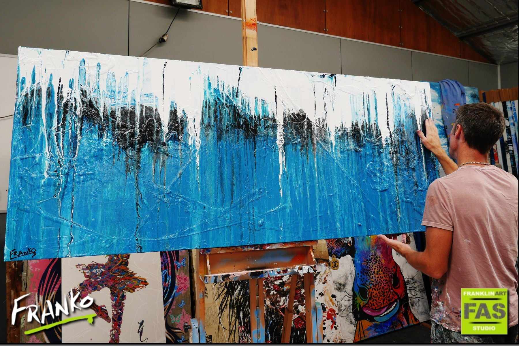 Teal and Ocean 200cm x 80cm Blue Black White Abstract Painting (SOLD)-Abstract-[Franko_Artist]-[The_Block]-[Dream_Homes]-[ideas]- [Grand_Designs]-Franklin Art Studio