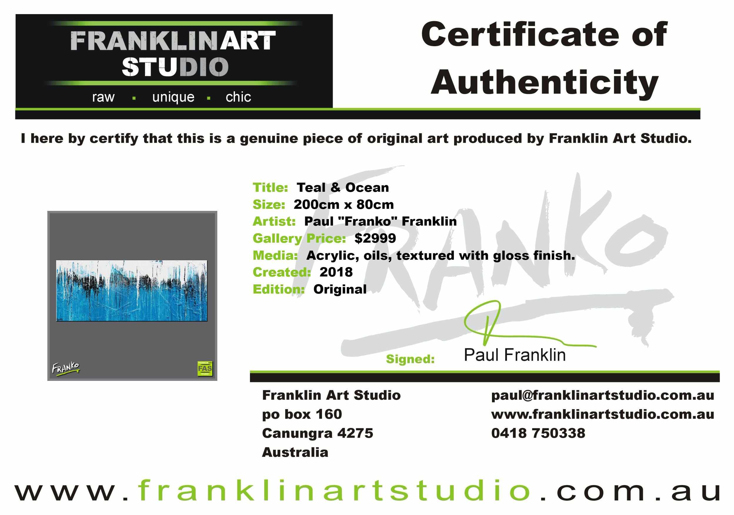 Teal and Ocean 200cm x 80cm Blue Black White Abstract Painting (SOLD)-Abstract-[Franko_Artist]-[The_Block]-[Dream_Homes]-[ideas]-[Grand_Designs]-[Art_Lover]-Franklin Art Studio