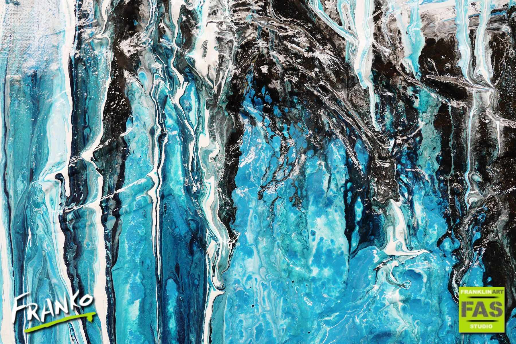 Teal and Ocean 200cm x 80cm Blue Black White Abstract Painting (SOLD)