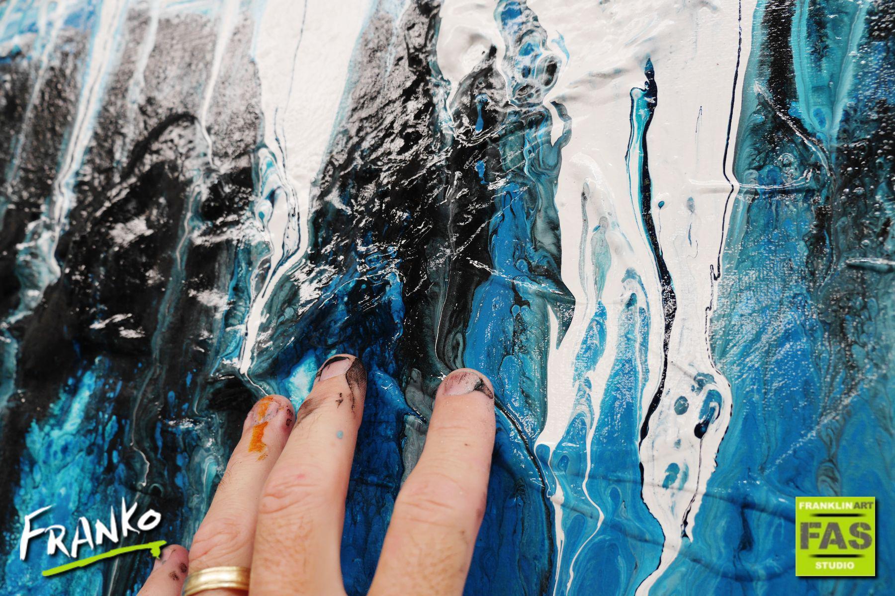 Teal and Ocean 200cm x 80cm Blue Black White Abstract Painting (SOLD)