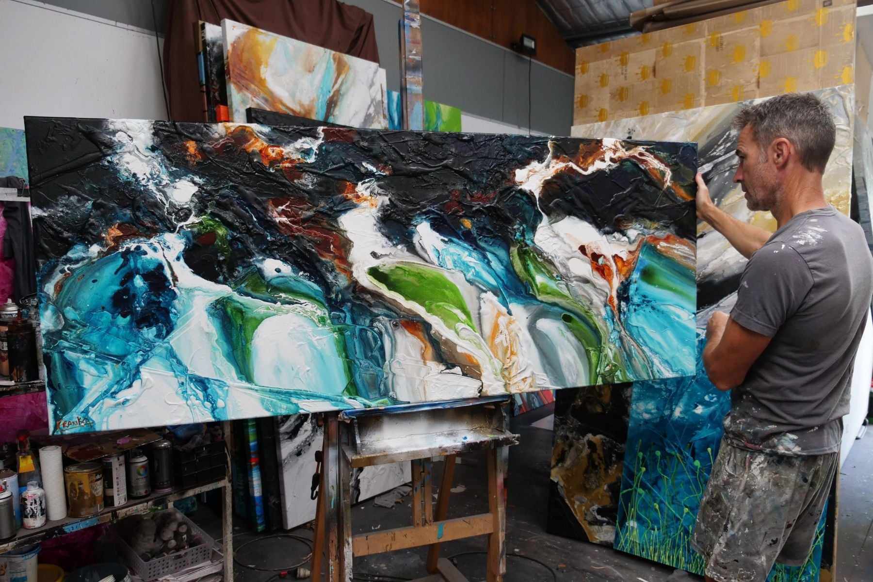 Teal and Oxide Rust 200cm x 80cm Black Teal Green Textured Abstract Painting (SOLD)-Abstract-[Franko_Artist]-[The_Block]-[Dream_Homes]-[ideas]- [Grand_Designs]-Franklin Art Studio