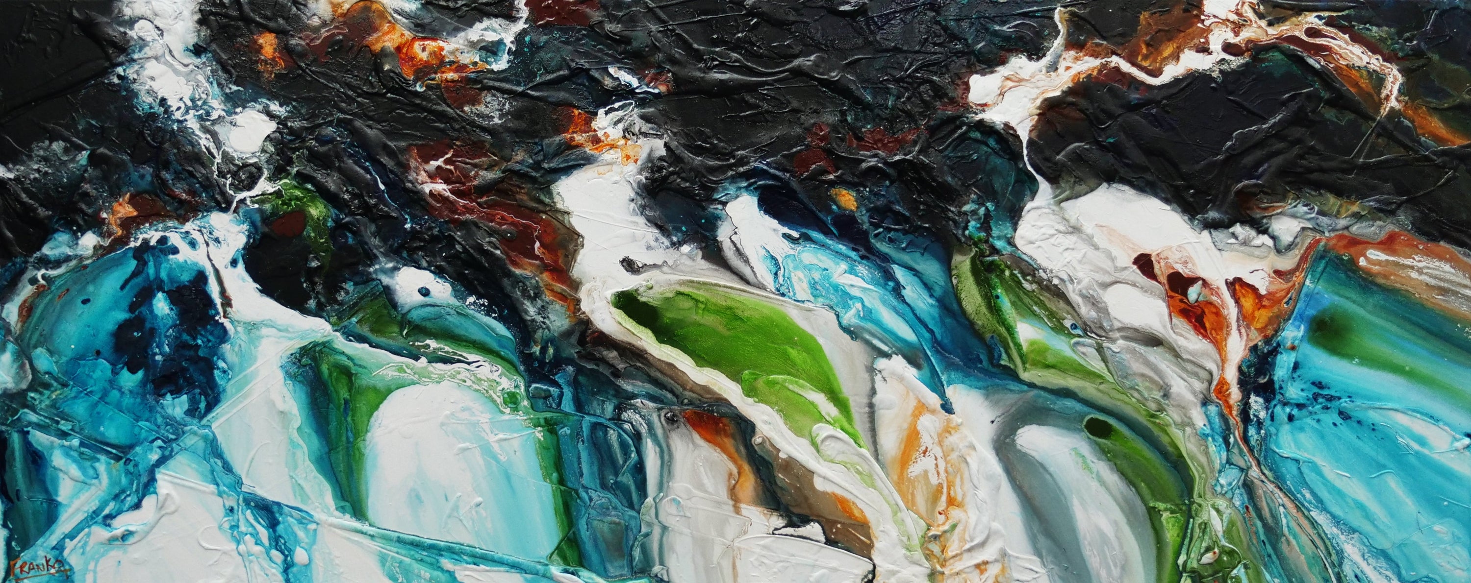 Teal and Oxide Rust 200cm x 80cm Black Teal Green Textured Abstract Painting (SOLD)-Abstract-[Franko_Artist]-[Australian_artist]-[Gold_Coast]-[Brisbane]-[modern]-[contemporary]-[original]-[Large_artwork]-Franklin Art Studio